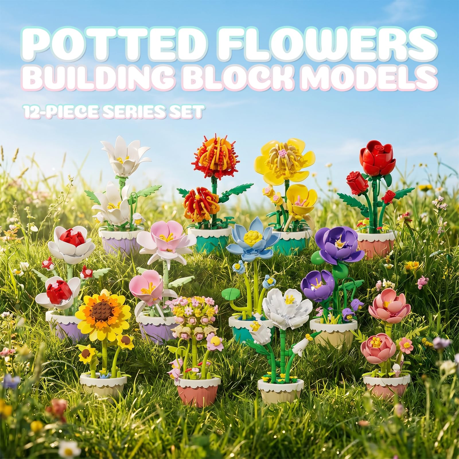 FNSJFYZS Flower Building Blocks, 12 PCS Assorted Mini Flower Pot Building Set, Artificial Flowers Botanical Collection for Home Decor, Birthday Gifts