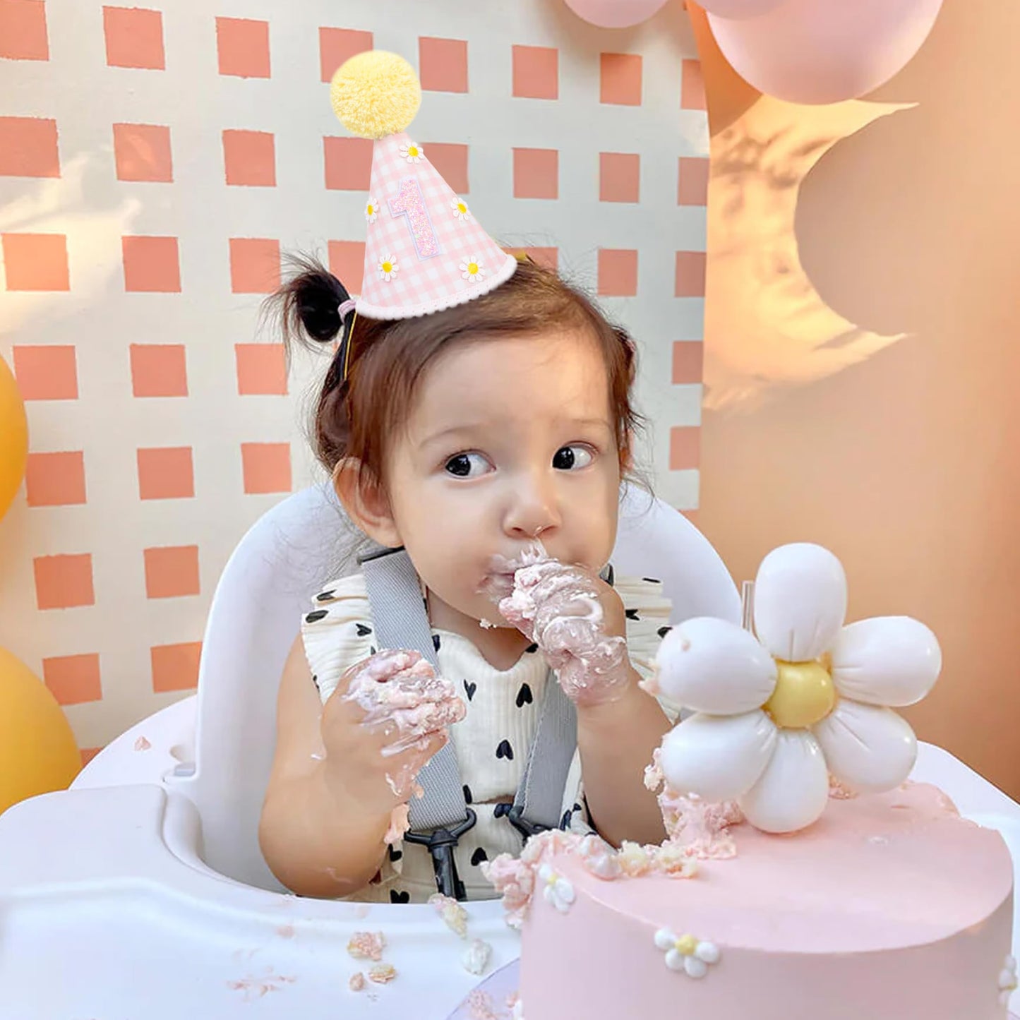 BASCT Daisy 1st Birthday Hat - Daisy First Birthday Decorations, Boho Daisy 1st Birth day Crown, Groovy One Bday Decor, Pink Plaid Groovy Daisy Bday