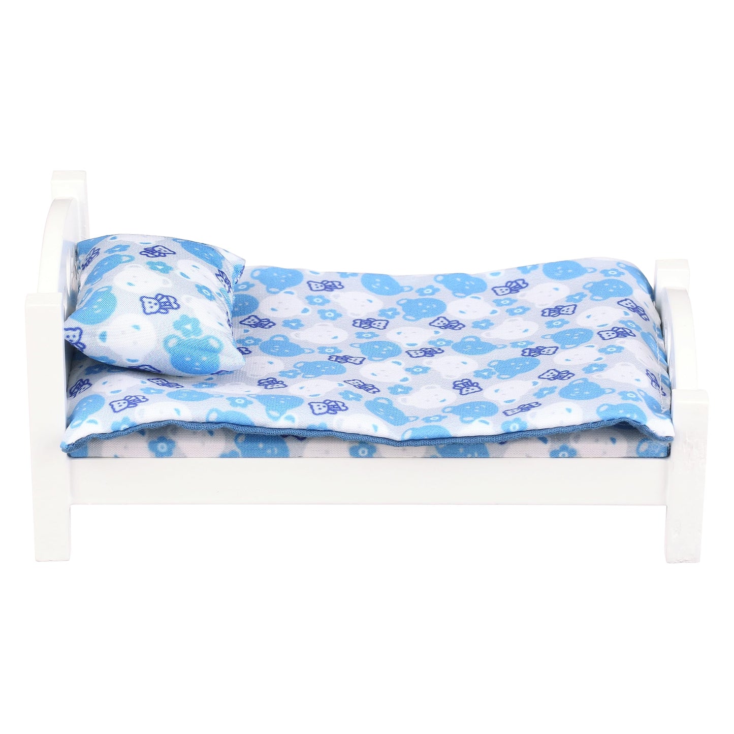 Dollhouse White Wooden Bed with Blue Bedding, 1:12 Scale Realistic Bedroom Furniture for 6 Inch Dolls