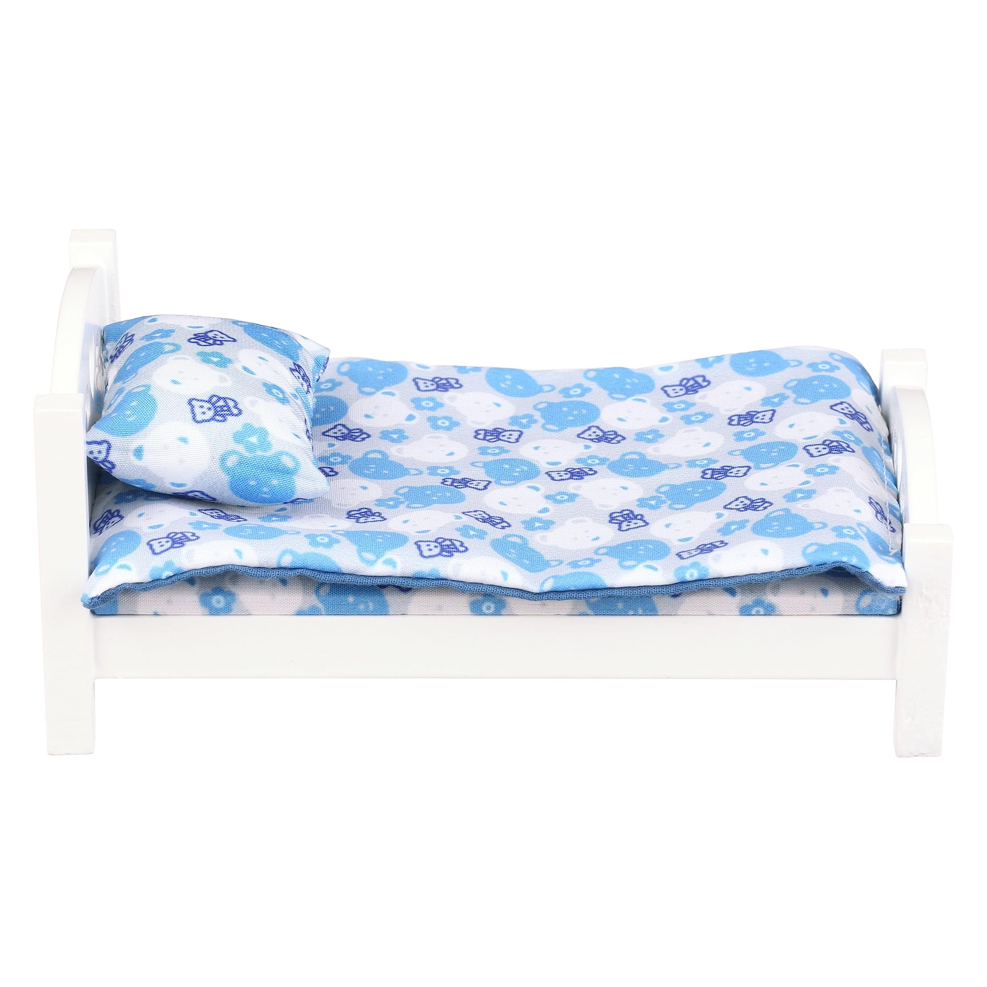 Dollhouse White Wooden Bed with Blue Bedding, 1:12 Scale Realistic Bedroom Furniture for 6 Inch Dolls