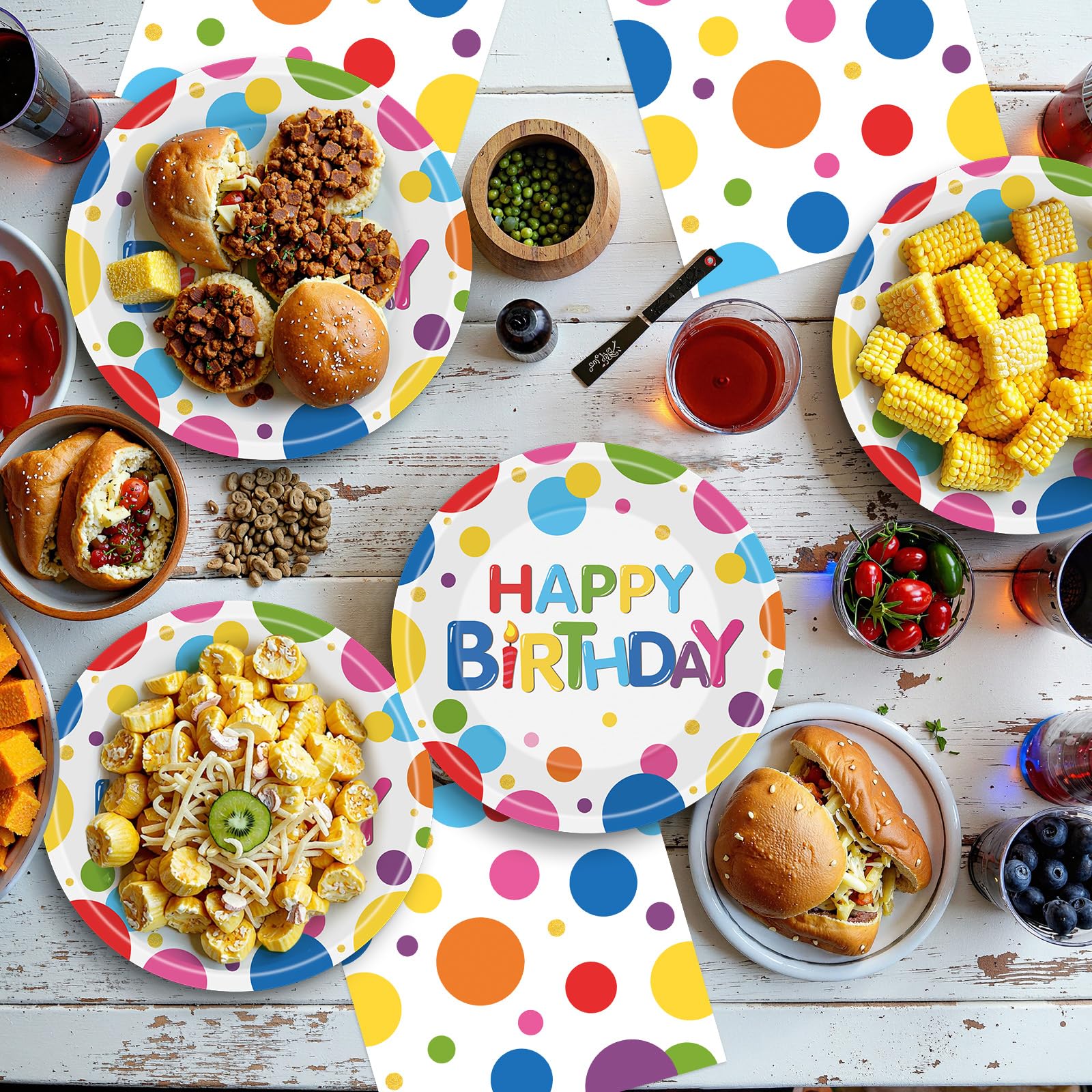 40 Pcs Happy Birthday Paper Plates and Napkins Sets - Polka Dots Bday Party Supplies Tableware, Disposable Colorful Dinner Plates Napkins Kit