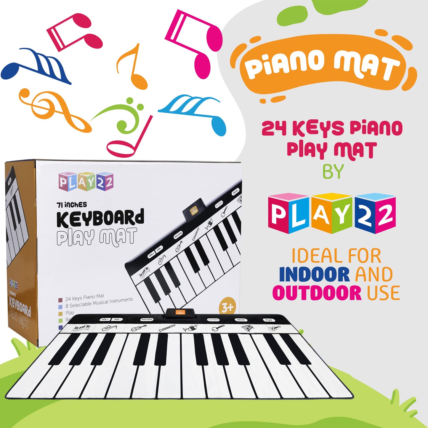 Play22 6 Ft. Floor Piano Mat for Toddlers - 24 Keys Piano Play Mat for Kids - Keyboard Playmat has Record, Playback, Demo, Play, Adjustable Vol.