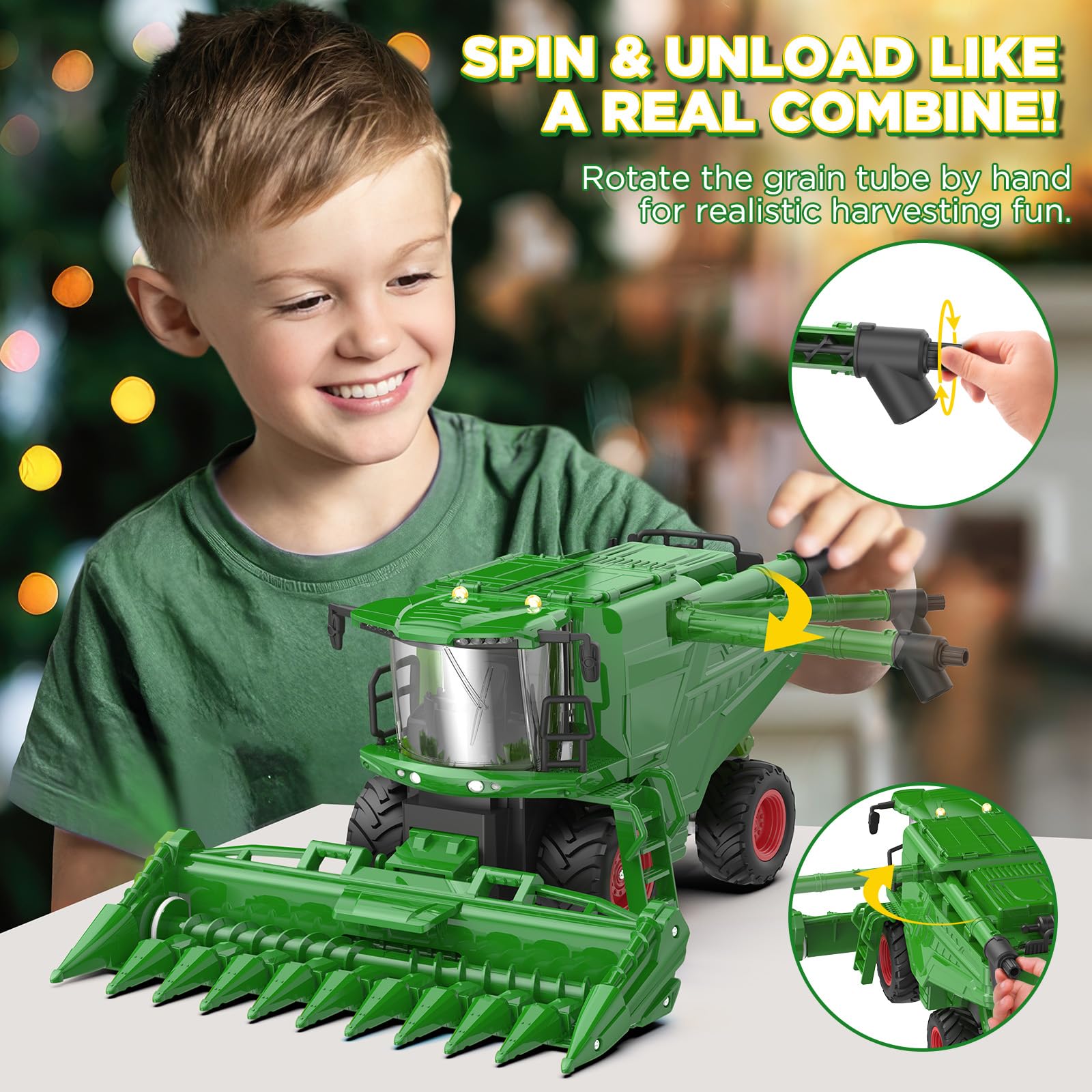 Uarzt Remote Control Combine Harvester Tractor Toy with Corn Head, RC Tractor Toys for Kids 3+, Light/Spray/Sound/1/24 Scale, Farm Toy Combine