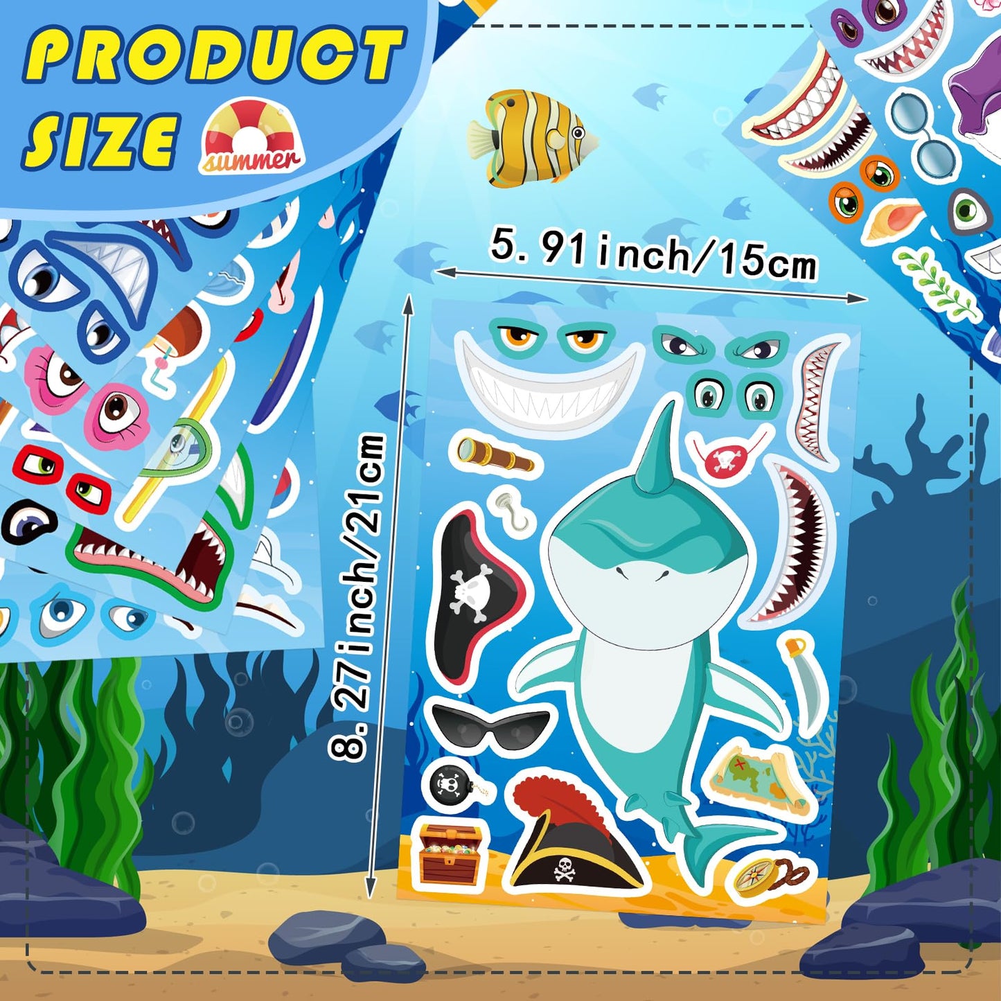 24 Sheets Make a Shark Face Stickers, Make Your Own Shark Stickers for Kids, Sea Ocean Animals Birthday Party Favors Activities, Summer Craft