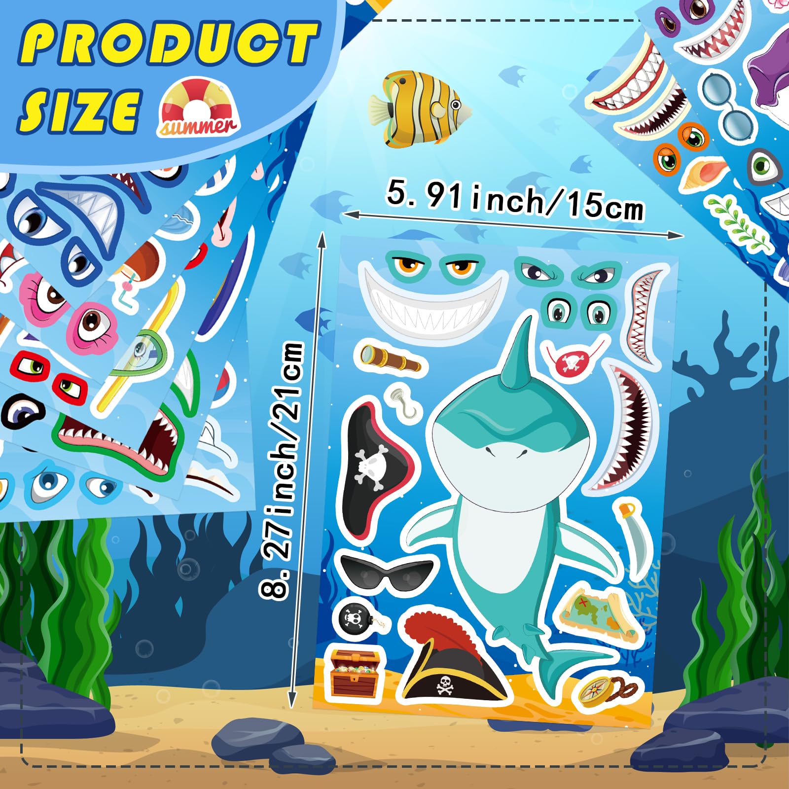 24 Sheets Make a Shark Face Stickers, Make Your Own Shark Stickers for Kids, Sea Ocean Animals Birthday Party Favors Activities, Summer Craft