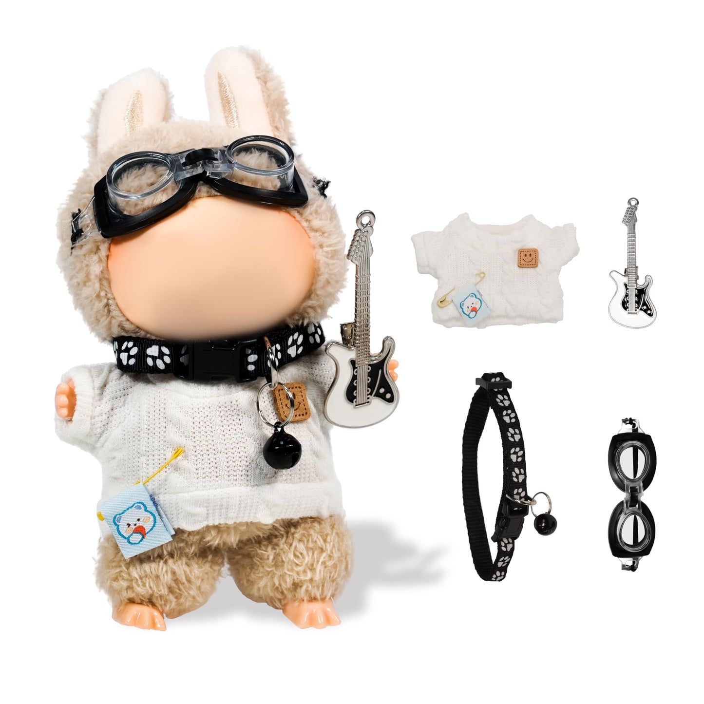 Satakara Doll Clothes Set for 17cm (6.7Inch) Dolls - 4-Piece White Outfit with Guitar, Glasses & Necklace, Stylish Clothes for Display
