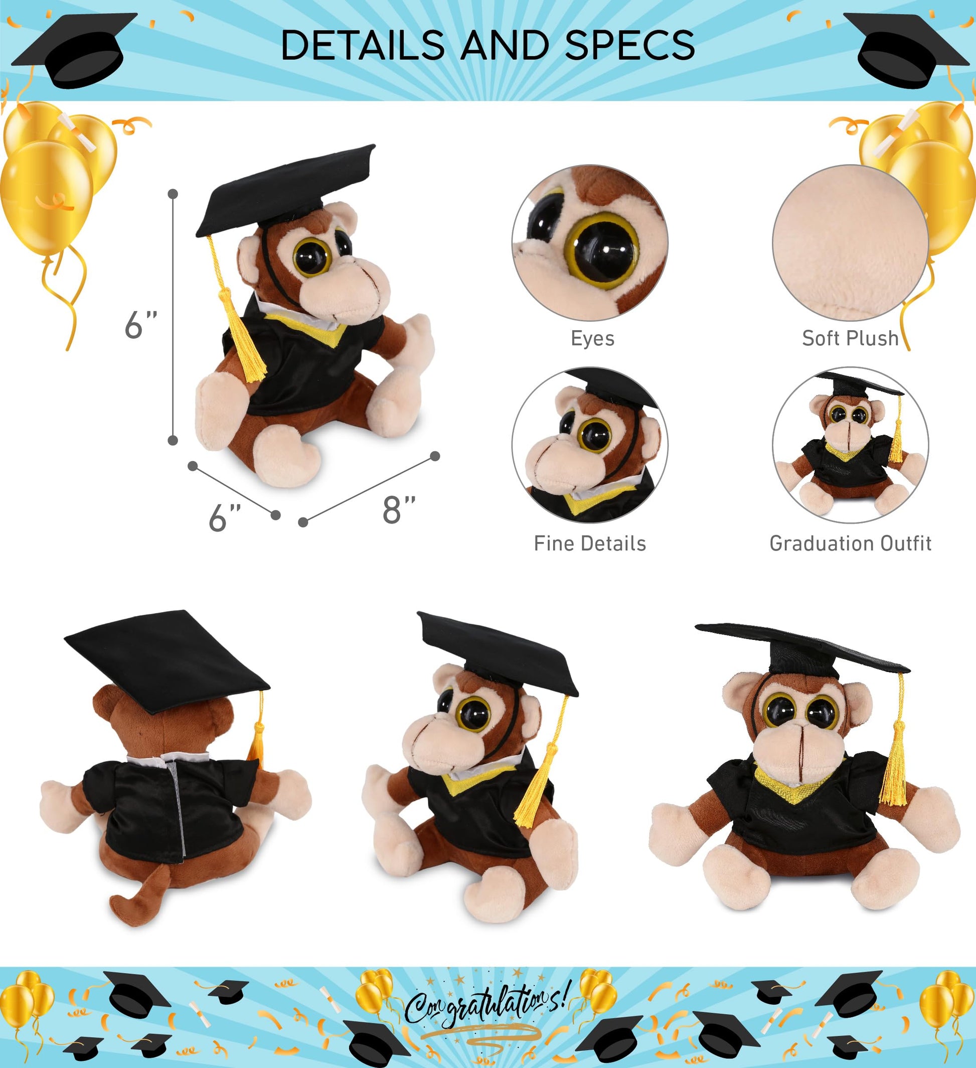 DolliBu Big Eye Monkey Graduation Plush Toy - Super Soft Graduation Stuffed Animal Dress Up with Gown and Cap with Tassel Outfit with Personalization