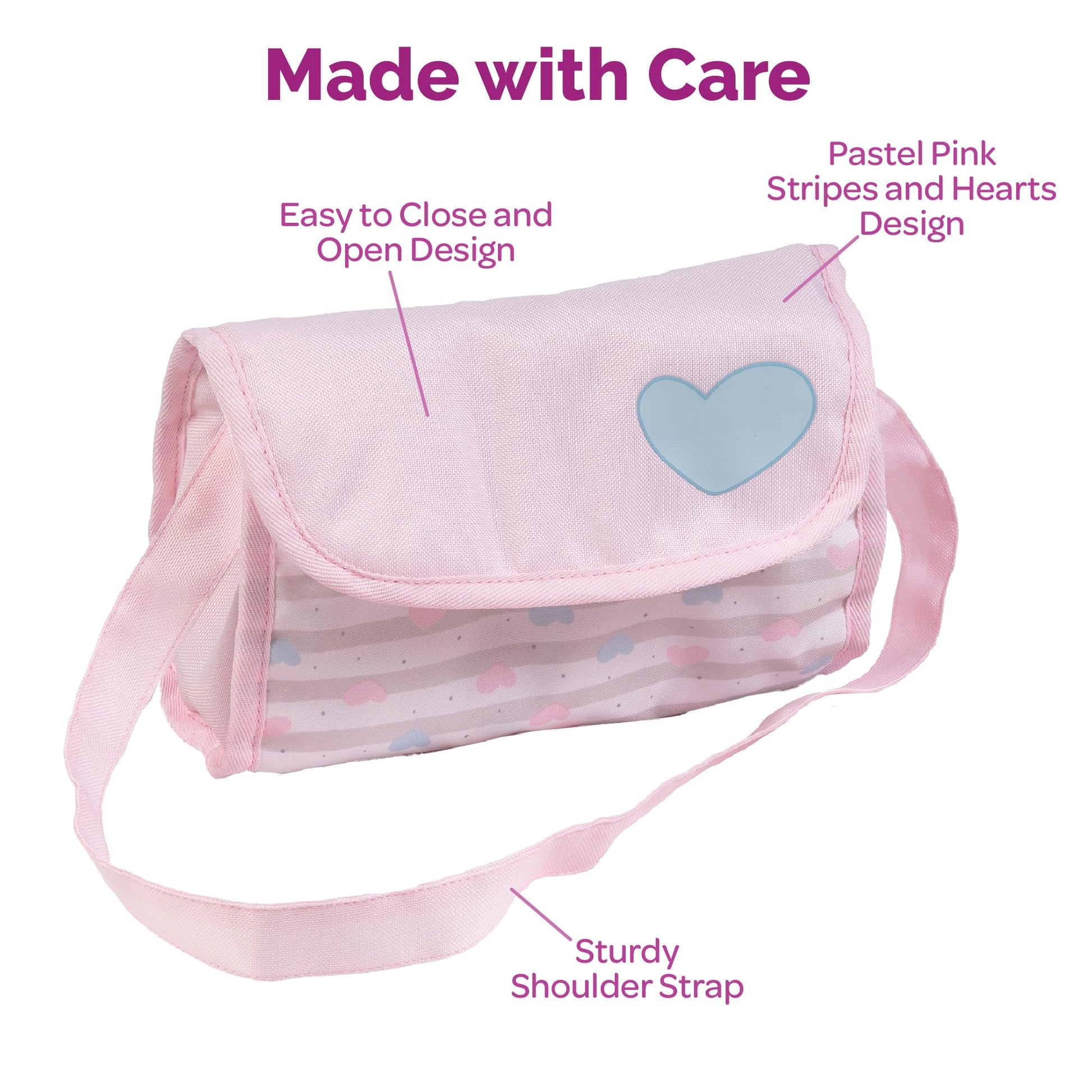 Adora Baby Doll Diaper Bag with Sturdy Straps, Includes Changing Mat and 2 Doll Diapers (Fits 13" Dolls), Birthday Gift For Ages 3+ - Classic Pastel