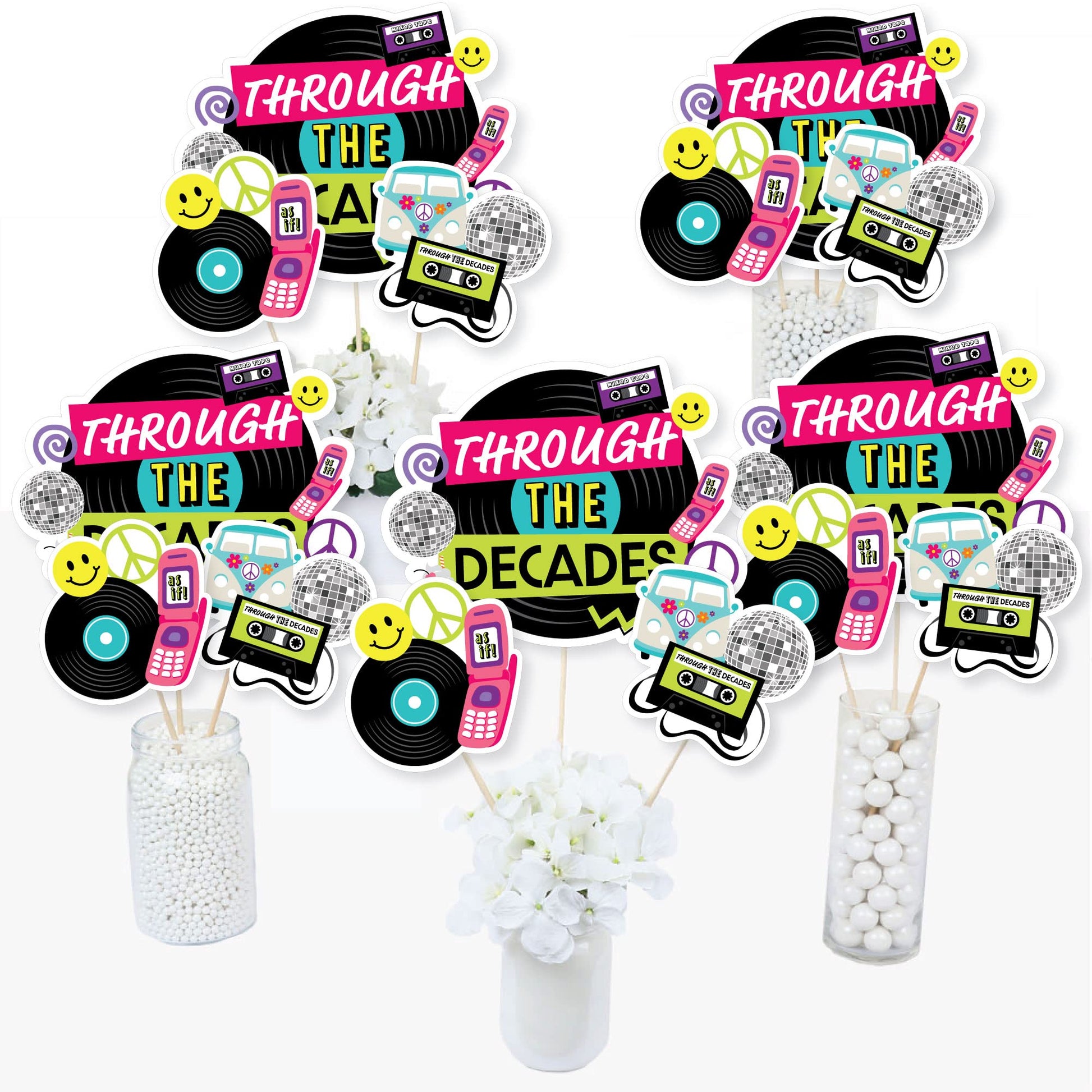 Big Dot of Happiness Through the Decades - 50s, 60s, 70s, 80s, and 90s Party Centerpiece Sticks - Table Toppers - Set of 15