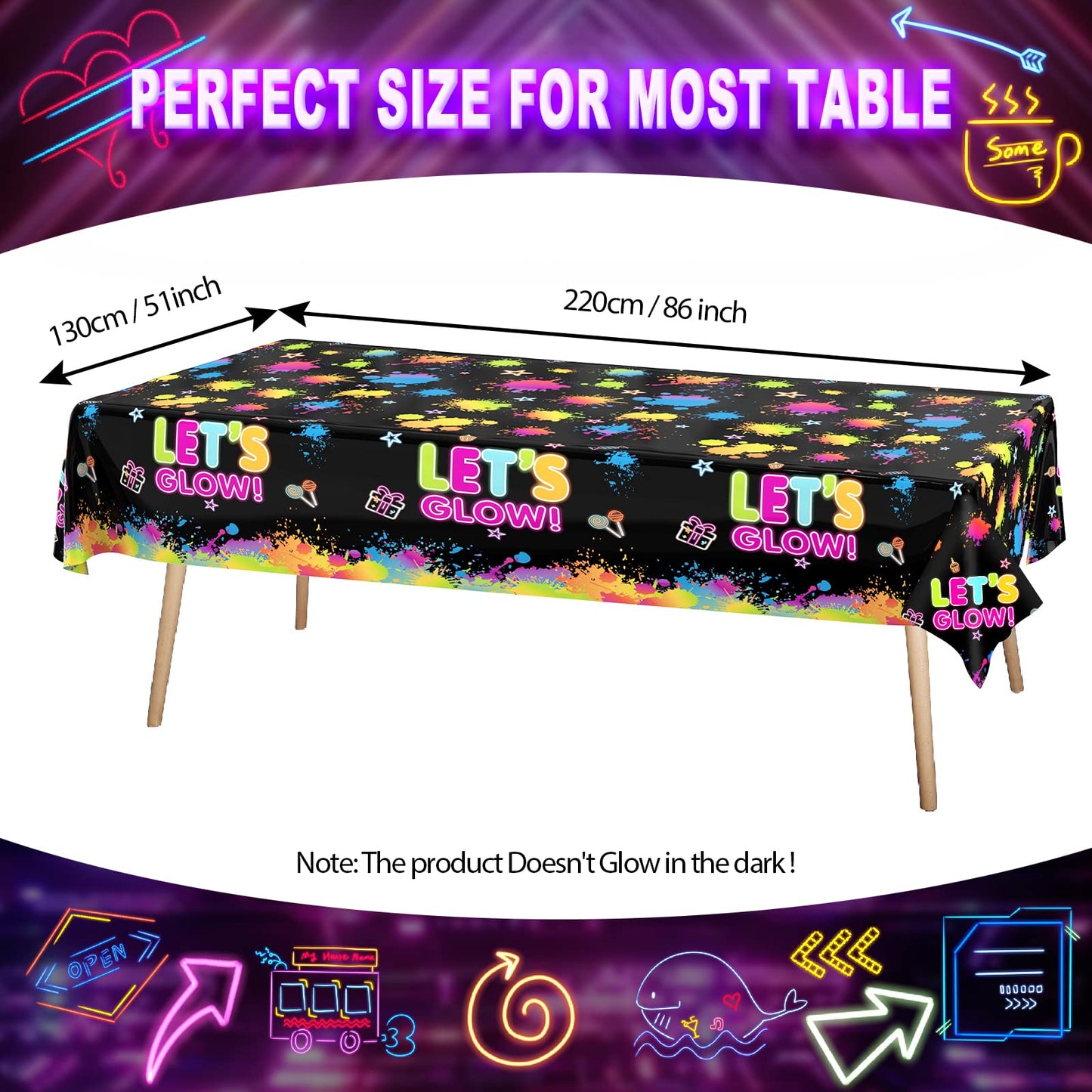1 Pack Let's Glow Tablecloth- Neon Party Table Cover, Disposable Plastic Rectangle Glow in the Dark Tables Cloth for Neon Black Light Glow Party
