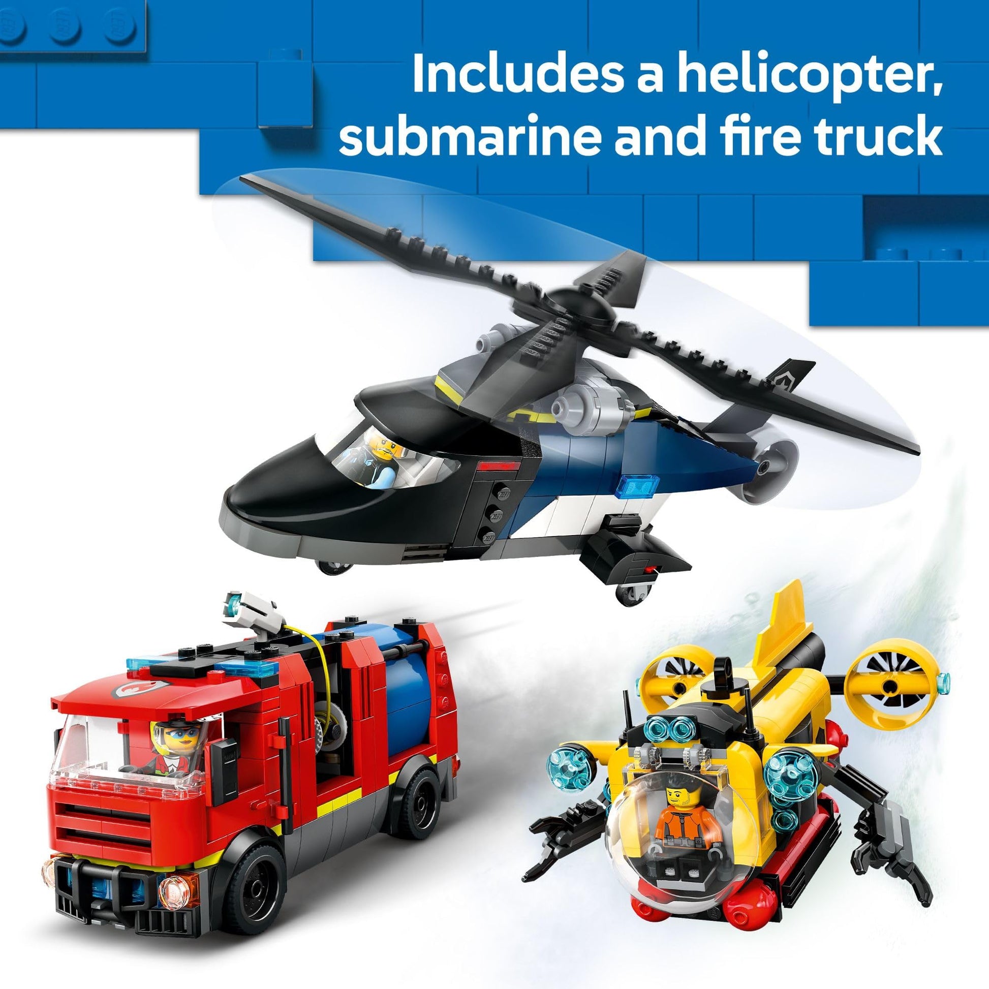 LEGO City Helicopter, Fire Truck & Submarine Remix Kids Toy - 3 Building Toys in 1 for Boys and Girls, Ages 7+ - Gift Idea for Birthdays - with 3