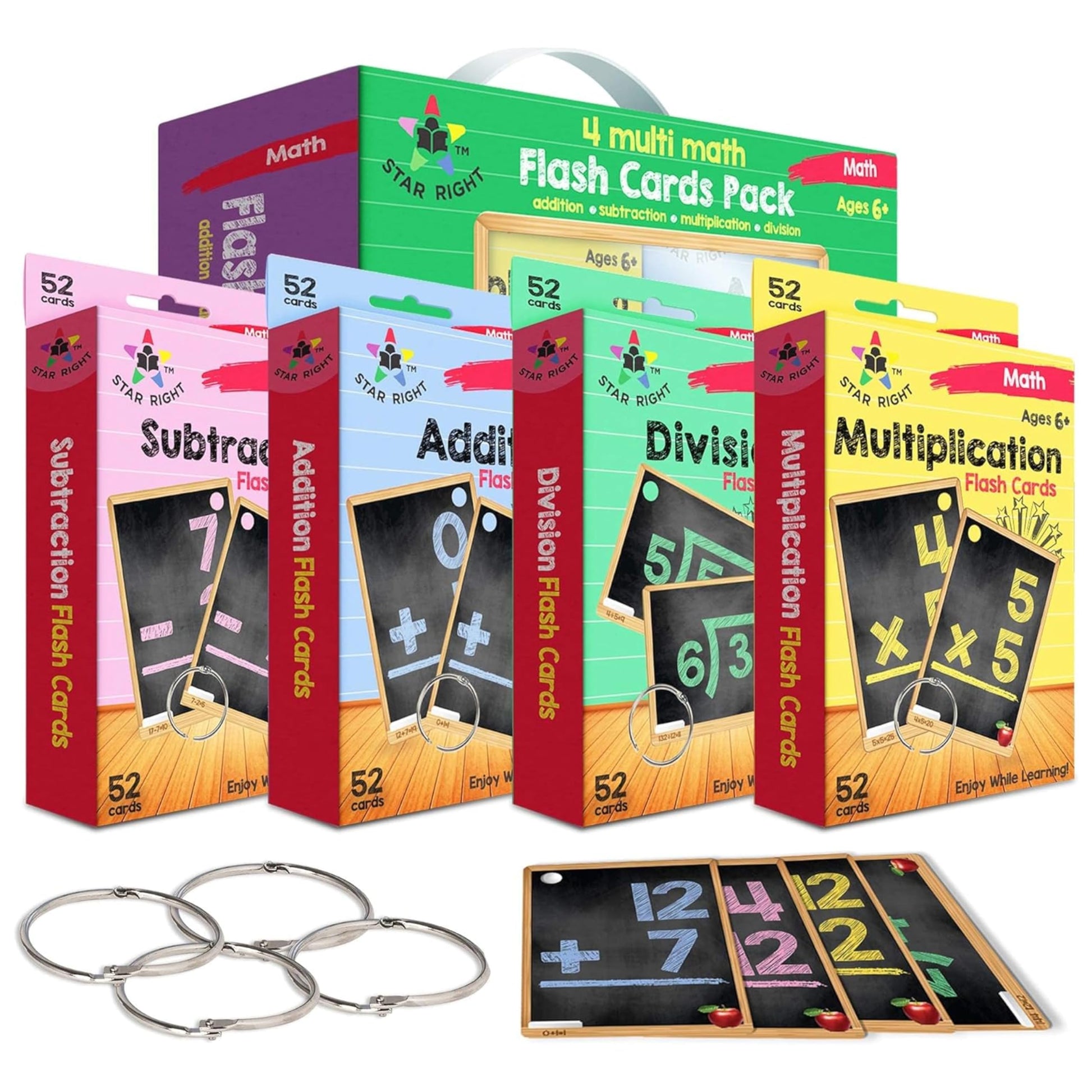 Star Right Math Flash Cards Set of 4 - Addition, Subtraction, Multiplication, Division with 4 Rings - 208 Cards for Kids Ages 6 and Above - Flash Card