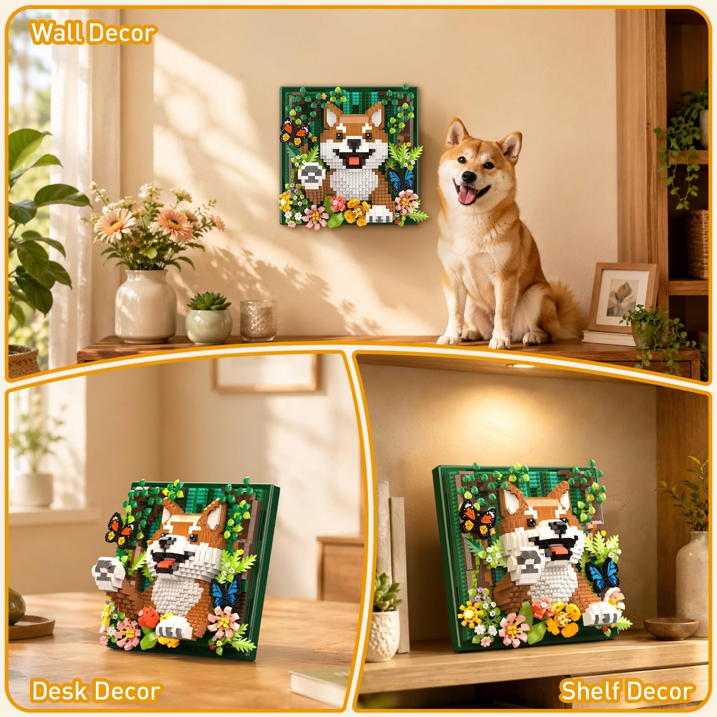 Vziimo Animal Flowers 3D Wall Art Building Set, Botanical Dog Micro Building Blocks Wall & Tabletop Display Decor Model Kit, Shiba Inu Toys Gifts