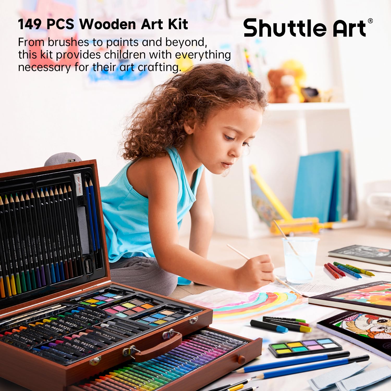 Shuttle Art 149 Piece Deluxe Art Set, Art Supplies in Wooden Case, Painting Drawing Art Kit with Crayons Colored Pencils Oil Pastels Watercolor Cakes