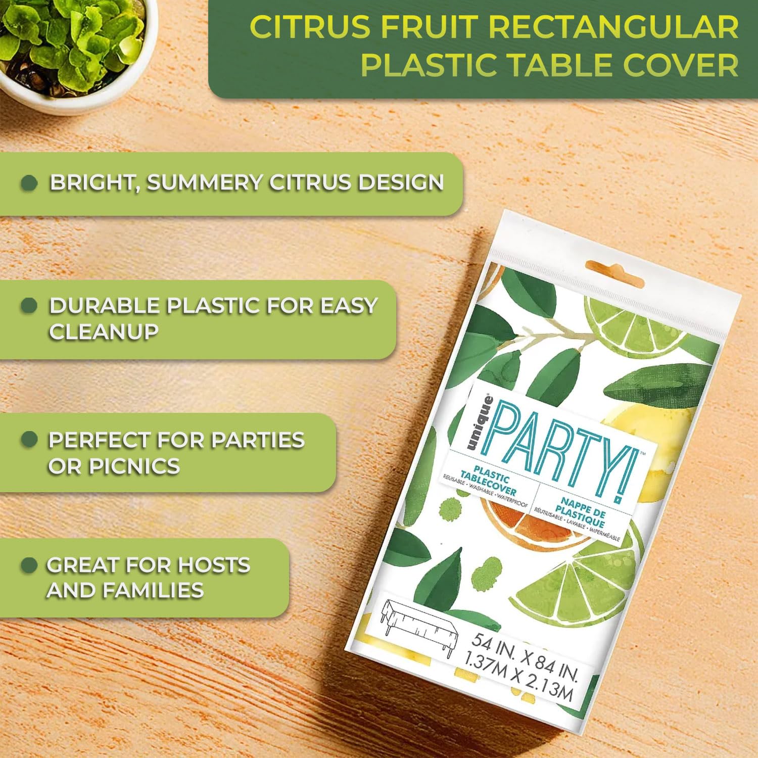 Citrus Fruit Rectangular Table Cover (54" x 84") - 1 Pc. | Vibrant & Durable Plastic, Perfect For Summer Parties, Tropical Themes, BBQs & Picnics