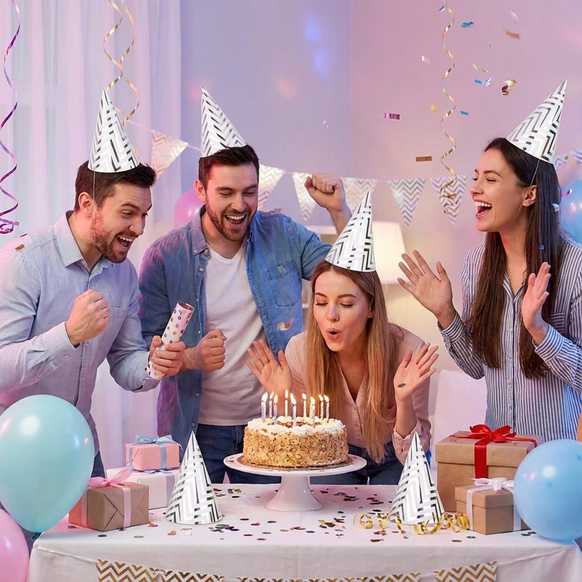Boieo Silver Party Hats for Adults and Kids 10 Pack, 7.9 Inch Large Birthday Cone Hats Bulk, Metallic Foil Paper Headwear for Men, Women, New Year Eve