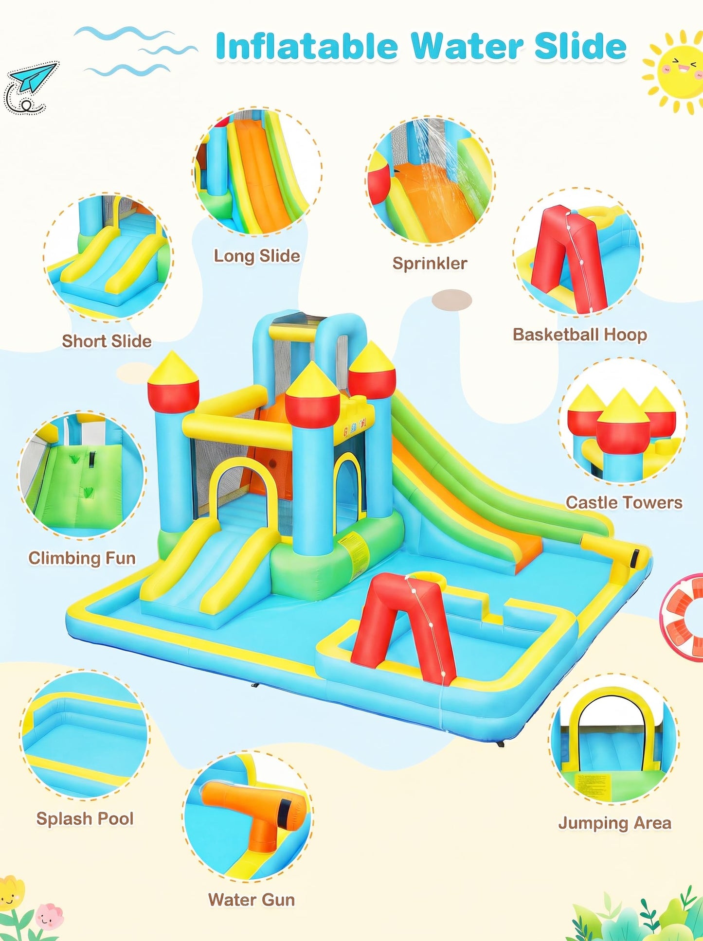 Inflatable Water Slide Bounce House for Kids, 11-in-1 Blow Up Water Park with Long Slide,Basketball Hoop,Splash Pool,Deep Pool, Water Play Center