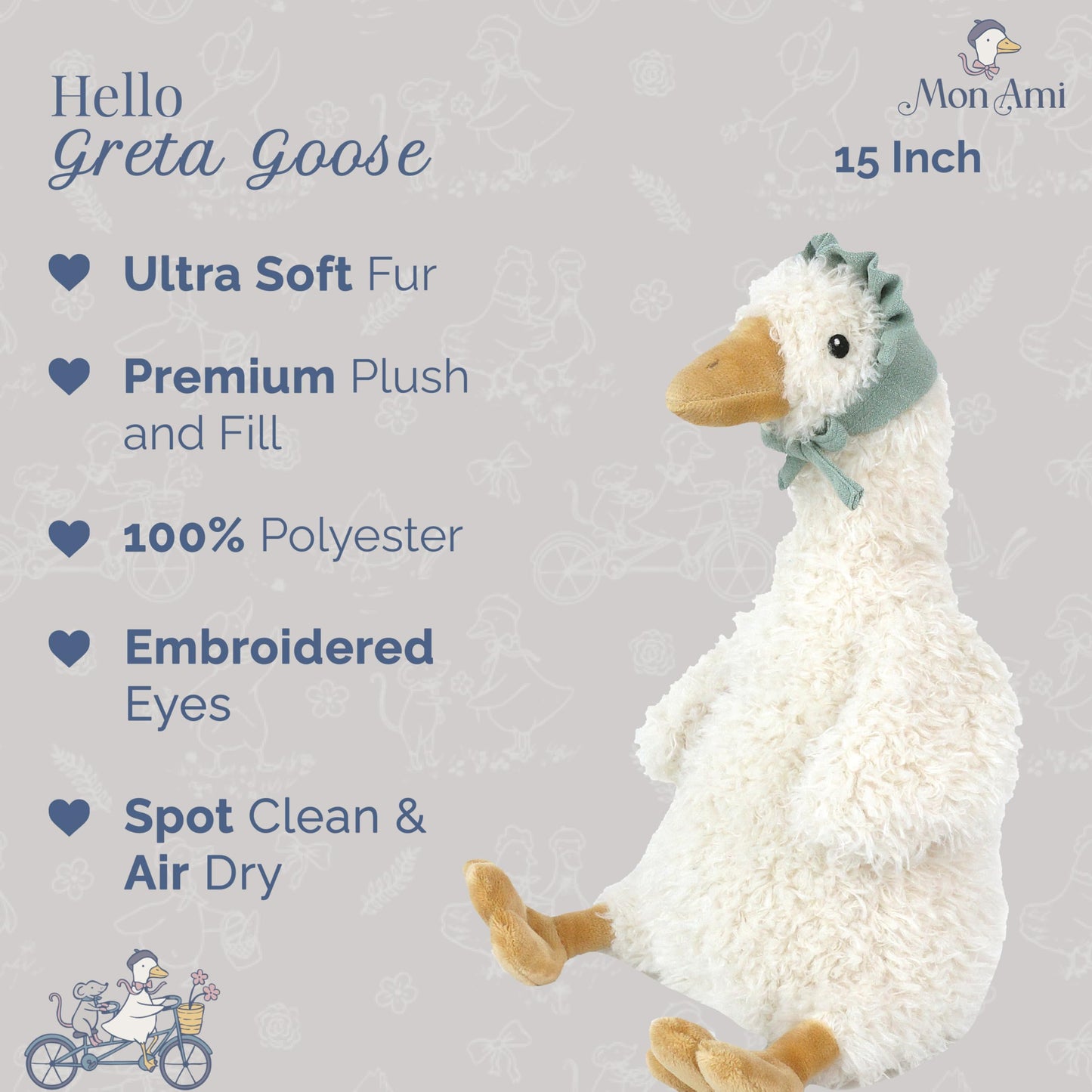 MON AMI Greta Goose 15-Inch Stuffed Farm Animal, Soft Goose Plush Toy