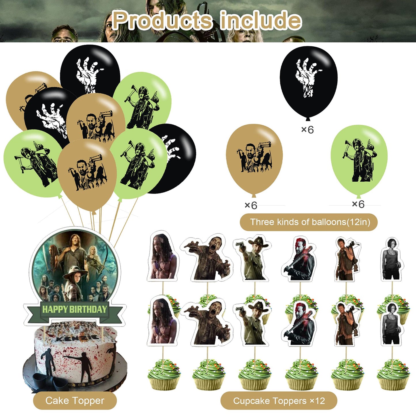 The Walking Dead Party Supplies - Birthday Decorations for TV Show Theme With Happy Birthday Banner, Cake Topper, Balloons, and Stickers