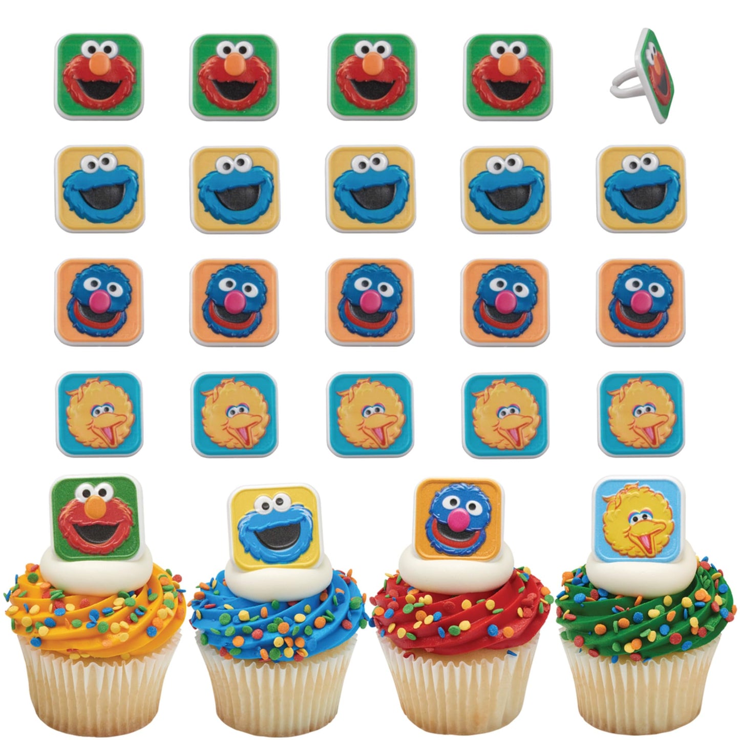 Sesame Street Rings, 24 Cupcake Toppers Featuring Elmo, Big Bird, Cookie Monster, Grover, Bright Colorful Cupcake Decorations, Food Safe - 24 Pack