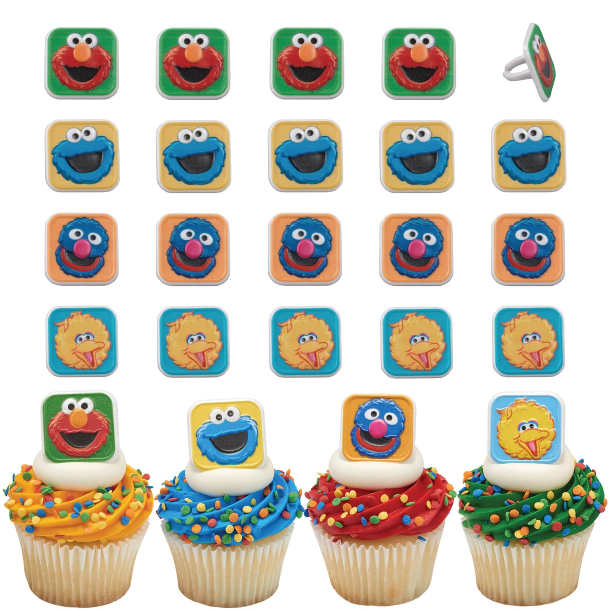 Sesame Street Rings, 24 Cupcake Toppers Featuring Elmo, Big Bird, Cookie Monster, Grover, Bright Colorful Cupcake Decorations, Food Safe - 24 Pack