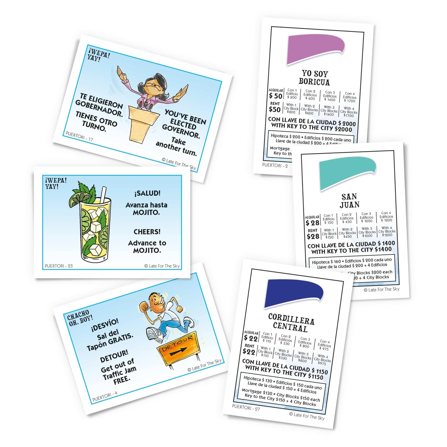 Late for The Sky Puerto RICO-OPOLY Bilingual Board Game, Puerto Rican Culture for Ages 8+, 2-6 Players, Collectible Tokens, Property Trading Fun