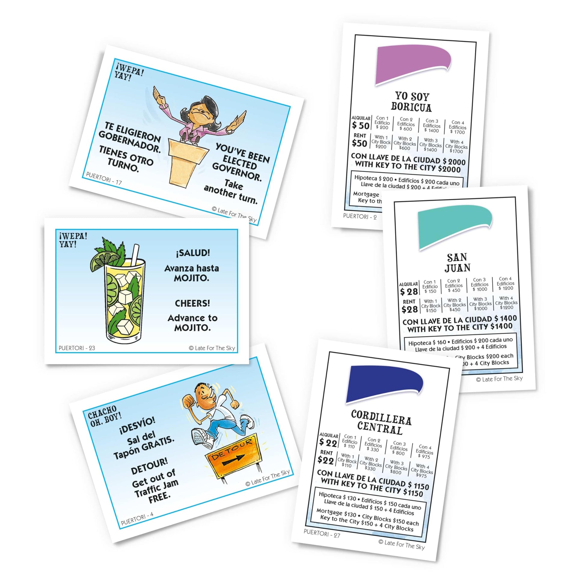 Late for The Sky Puerto RICO-OPOLY Bilingual Board Game, Puerto Rican Culture for Ages 8+, 2-6 Players, Collectible Tokens, Property Trading Fun