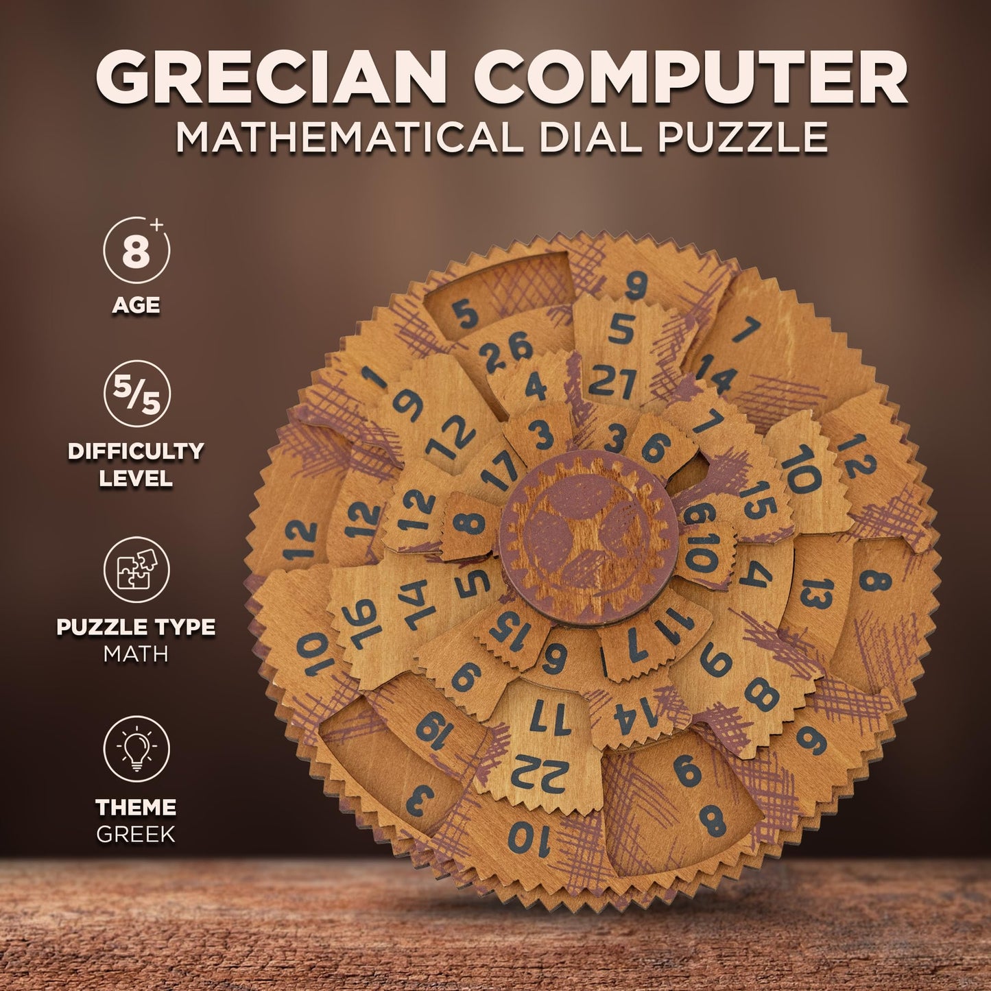 Project Genius Grecian Computer Mechanical Math Puzzle, Wooden Brainteaser Gift for History Buffs and Smart Kids, Teens, and Adults - True Genius