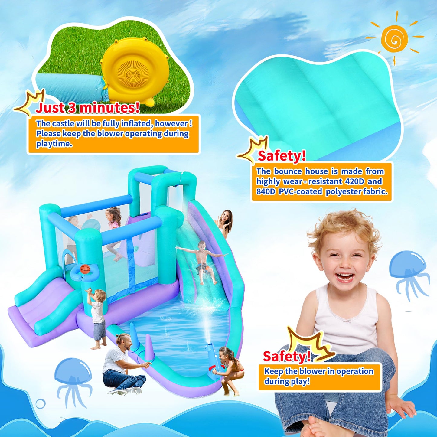 Bestsun Inflatable Bounce House Water Slide, 141 x 138 x 78 Inches Blow Up Water Slides, Splash Pool, Basketball, Ring Toss Game, Target Balls, Water