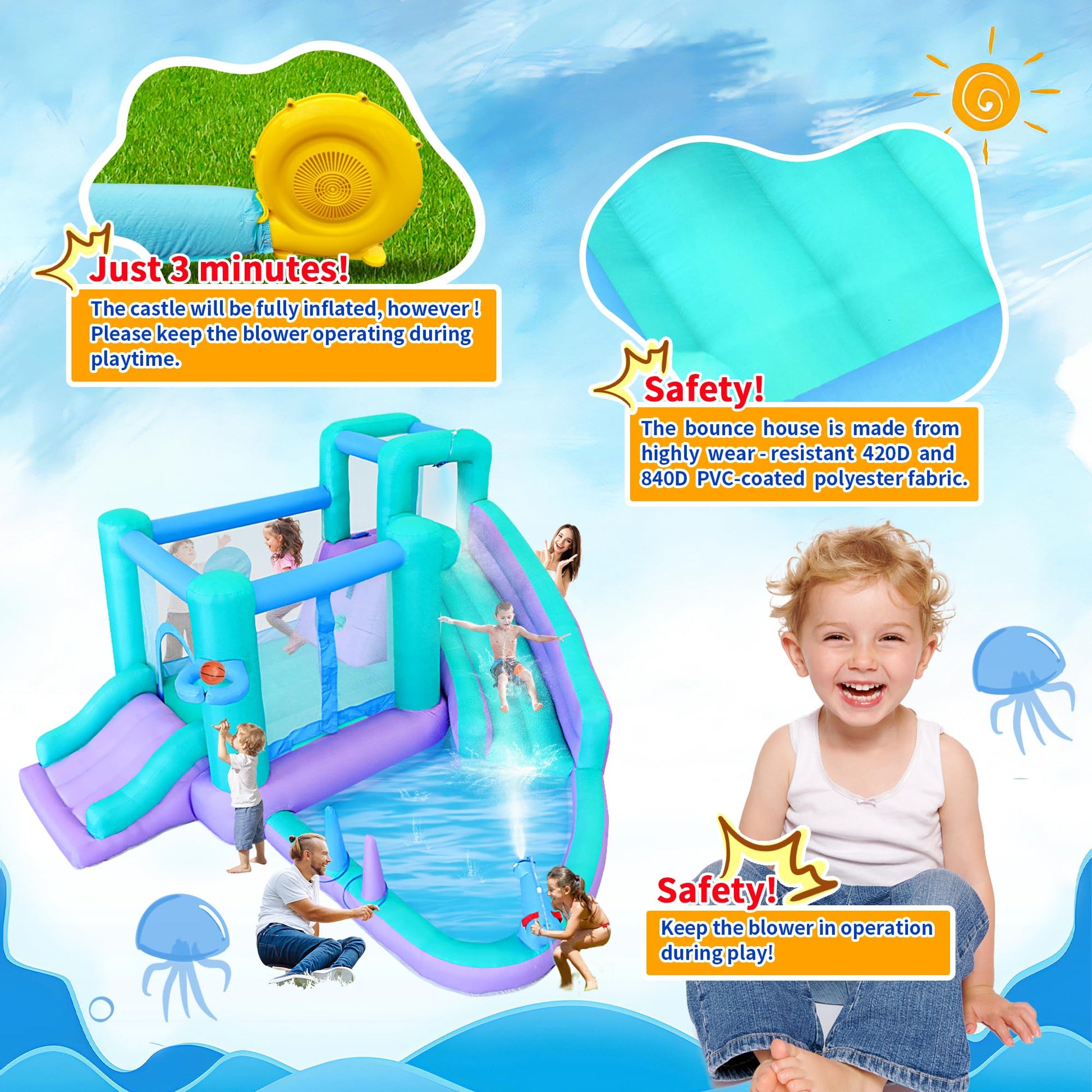 Bestsun Inflatable Bounce House Water Slide, 141 x 138 x 78 Inches Blow Up Water Slides, Splash Pool, Basketball, Ring Toss Game, Target Balls, Water