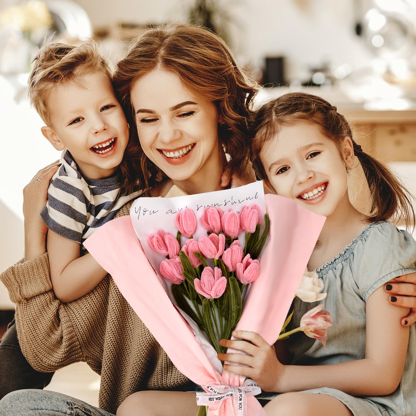 iCraftine Pipe Cleaner Flower Kit, Including Pink and Green Chenille Stems, Floral Stem, Gardening Tape, Ribbon for Making Flower Bouquet