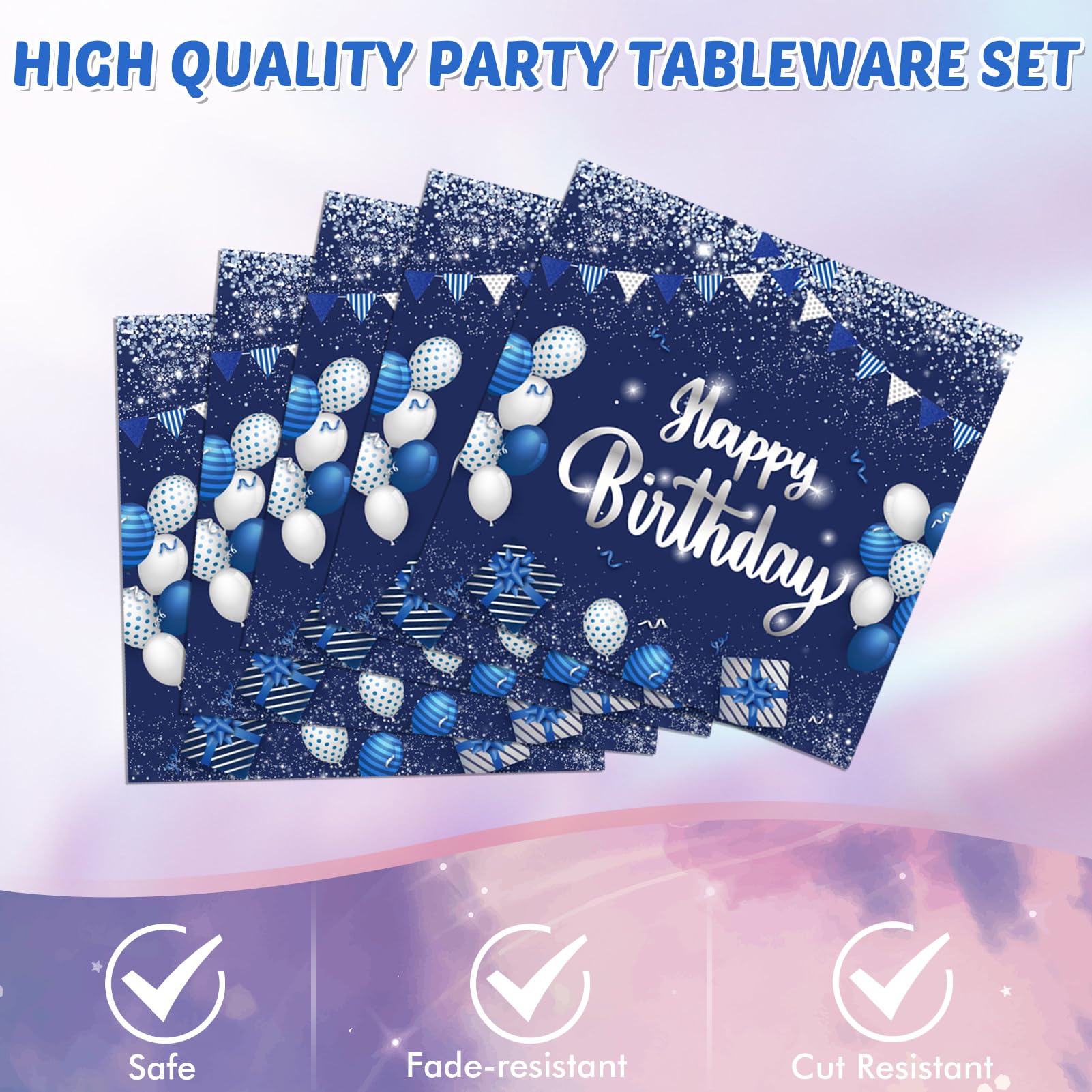 Navy Blue and Sliver Birthday Decorations Happy Birthday Party Tableware Set Happy Birthday Tablecloths and Plates Napkins Party Dinnerware for Men