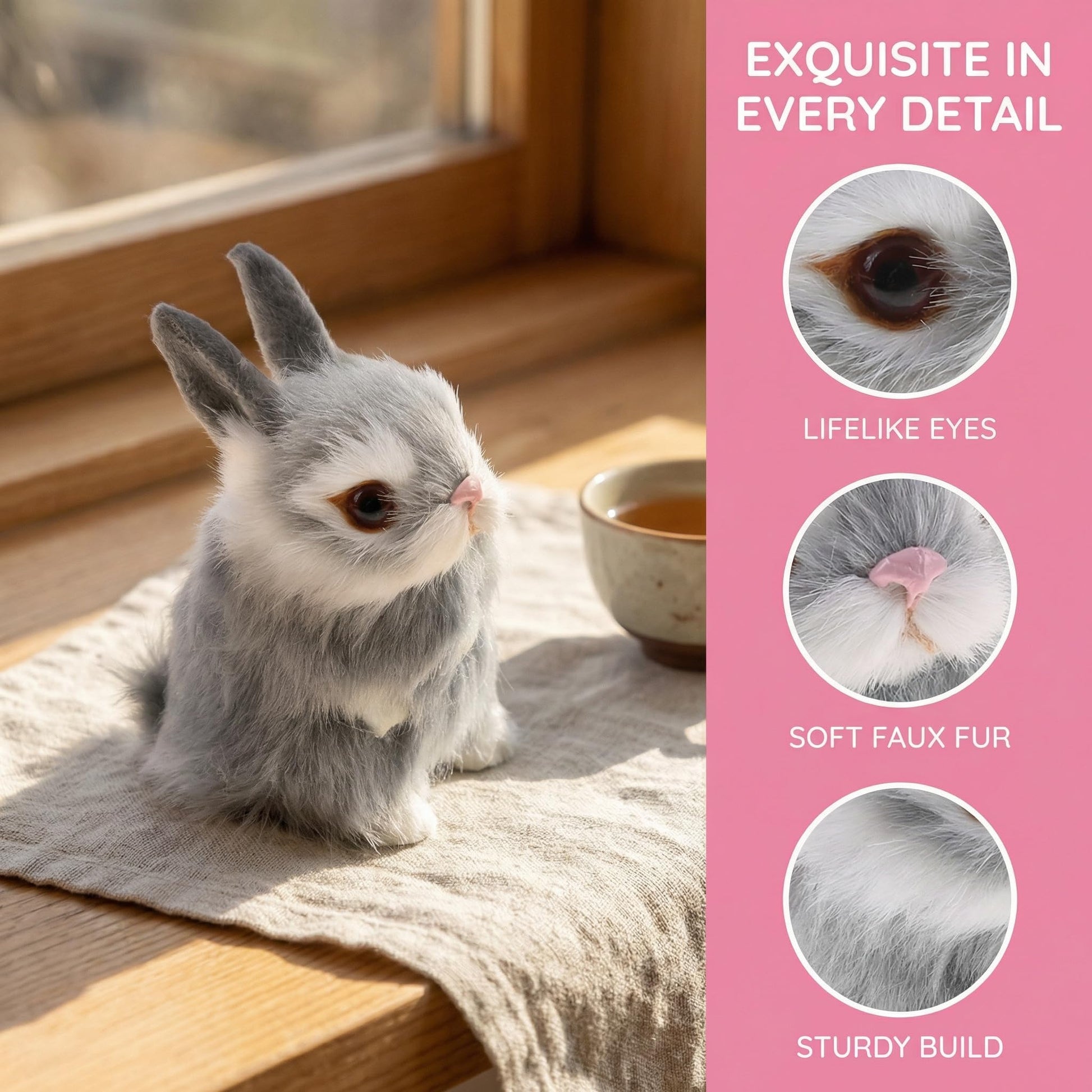 GUDVES Mini Realistic Cute Plush Rabbits Fur Lifelike Animal Easter Bunny Simulation Toy Model Gift Miniatures Decorations, Gray (Gray)