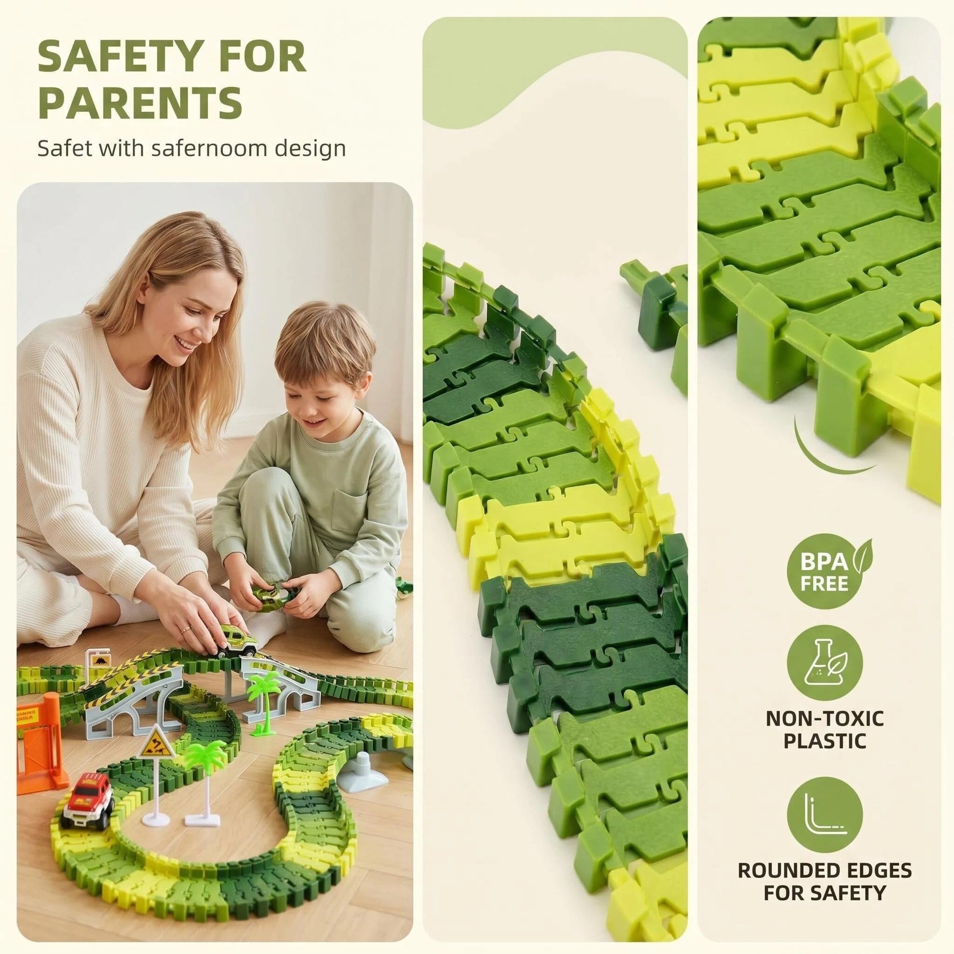 Dinosaur Race Track Toys for Boys 3-5, Flexible Bridge Car Track Set with 2 Toy Cars & Dinosaur Figures, Adventure Race Track Playset for Boys Age 4-7
