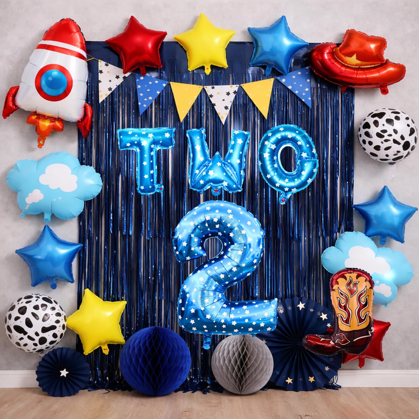 Toy Themed Story Birthday Decoration Balloon Set,Cartoon Style Birthday Rocket,Cowboy Hat,Boots,Clouds,Star Patterns, For kid Party Supply (2nd-Two