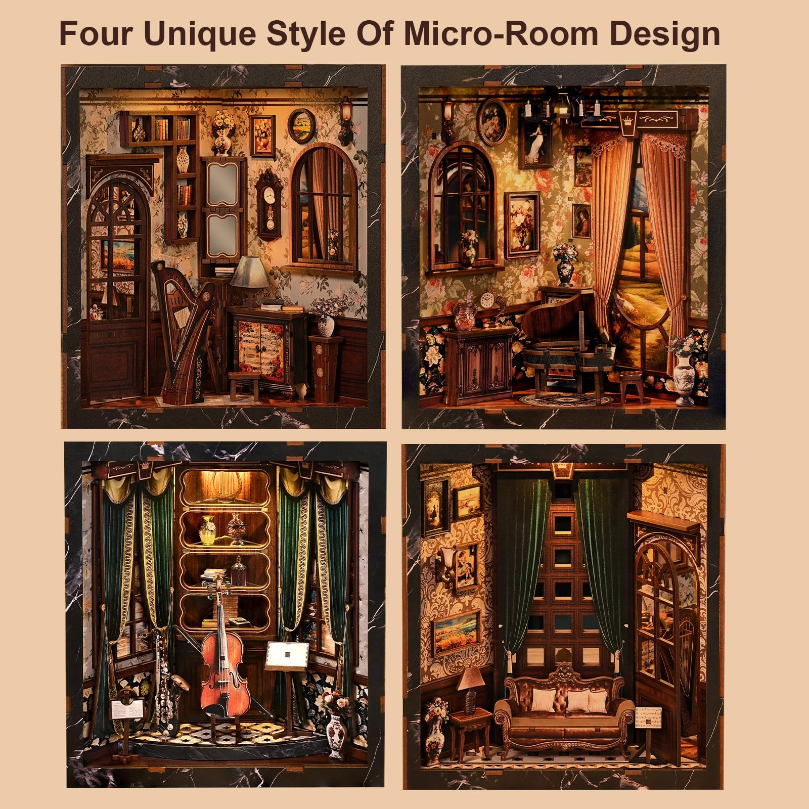 Book Nook for Adults - Four Sides Uniquely Styled Miniature House Kit