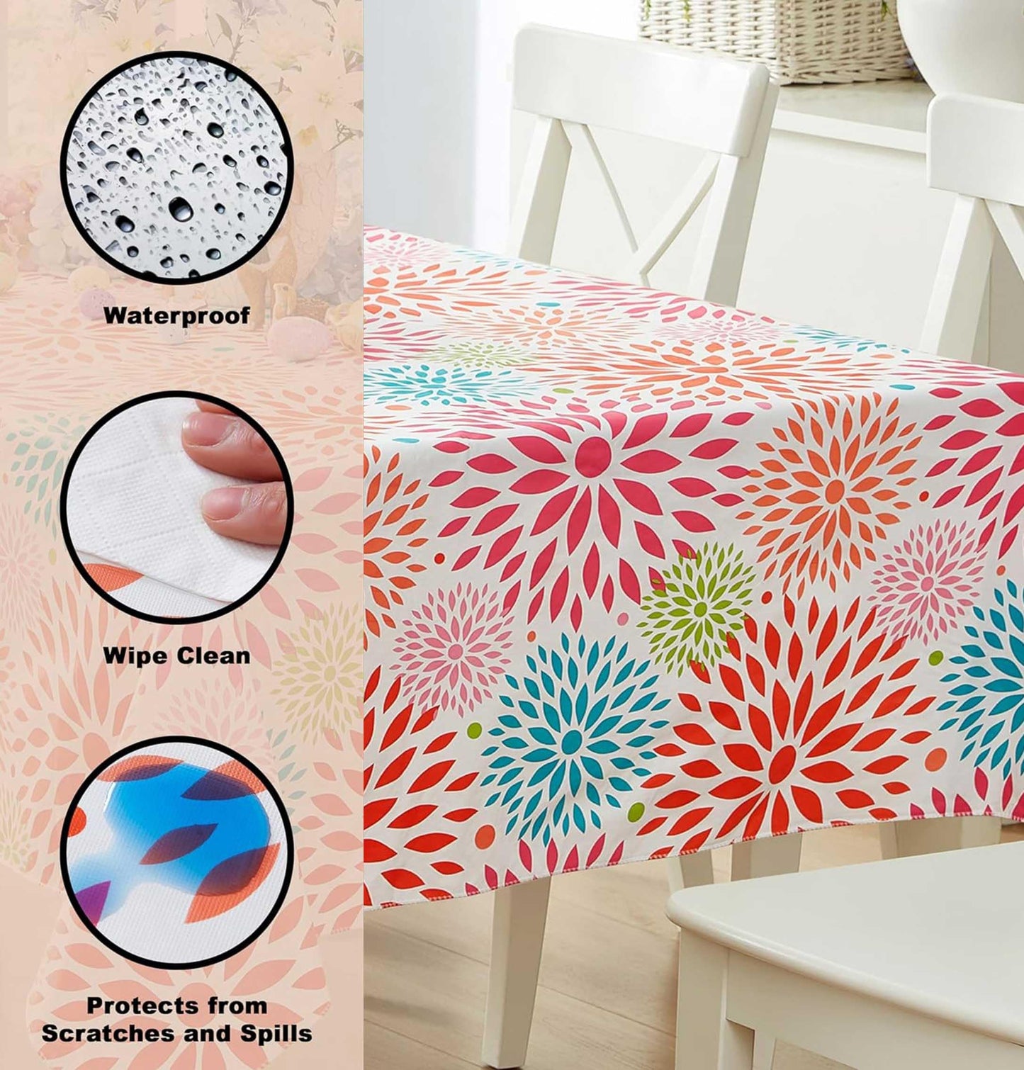 Newbridge 52 x 70 Inch Rectangle Patriotic Vinyl Tablecloth - Flannel Backed Fireworks Table Cover, Turquoise Orange Pink Green, July 4th and Memorial