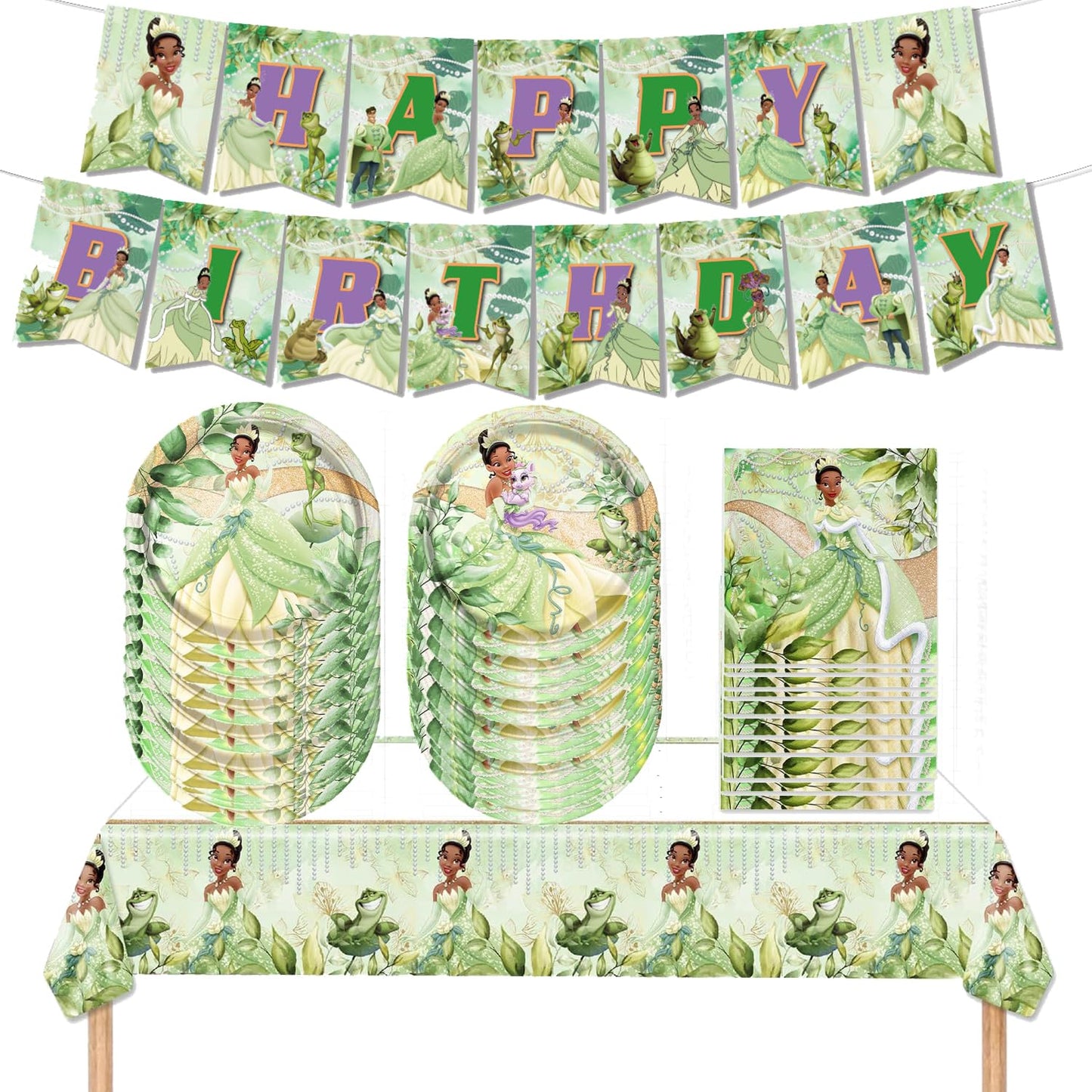 Princess Tiana Birthday Party Decorations, The Frog Tiana Party Tableware with Banner, Tablecloth, Disposable Paper Plates and Napkins for Little