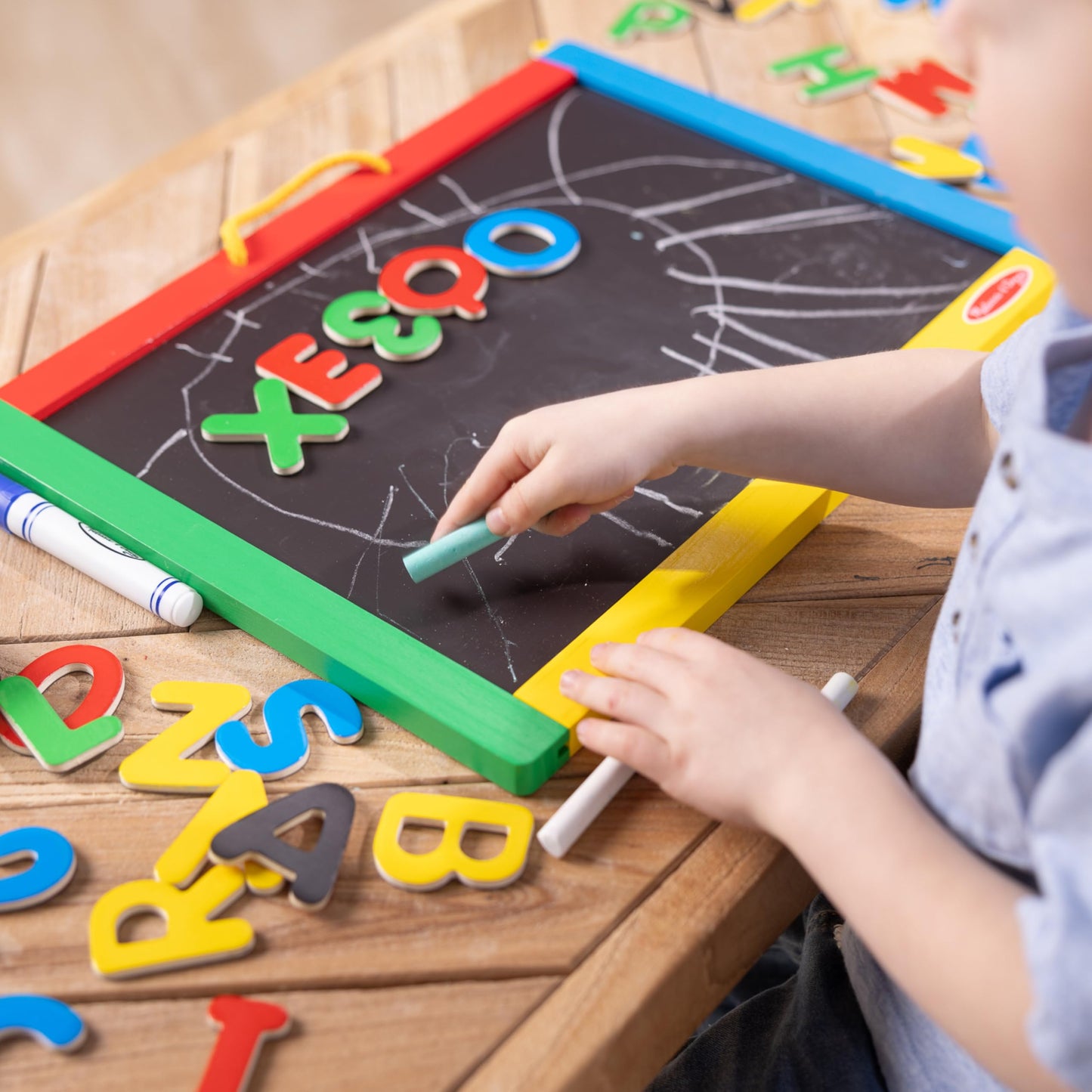 Melissa & Doug Magnetic Chalkboard and Dry-Erase Board with 36 Magnets (Numbers and Uppercase Letters), Chalk, Eraser, and Dry-Erase Pen