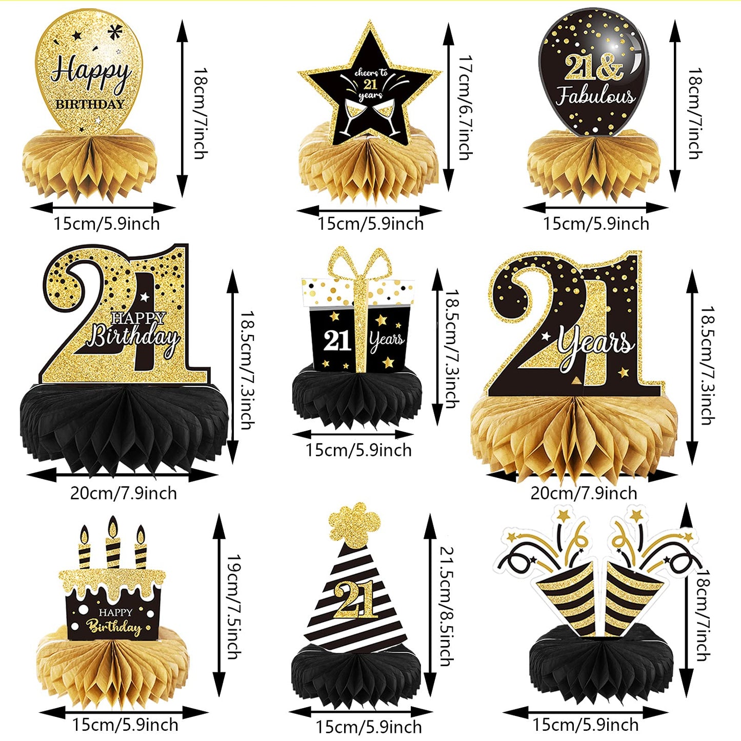 9 Pieces 21st Birthday Decoration 21 st Birthday Centerpieces for Tables Decorations Cheers to 21 Years Honeycomb Table Topper for Men and Women 21
