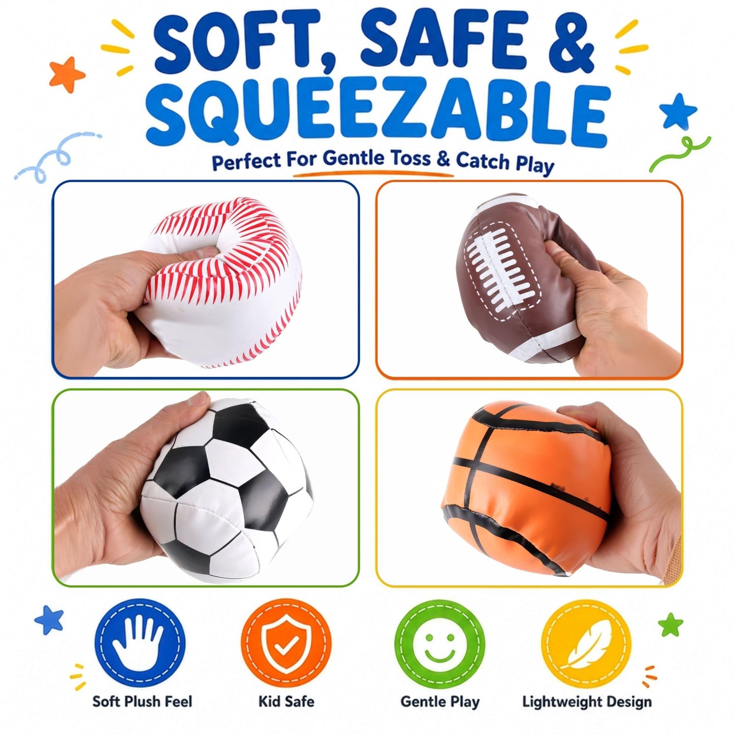 Liberty Imports 4 Pk Soft Stuffed PU Sports Balls for Kids, Toddlers - Football Baseball Basketball Soccer