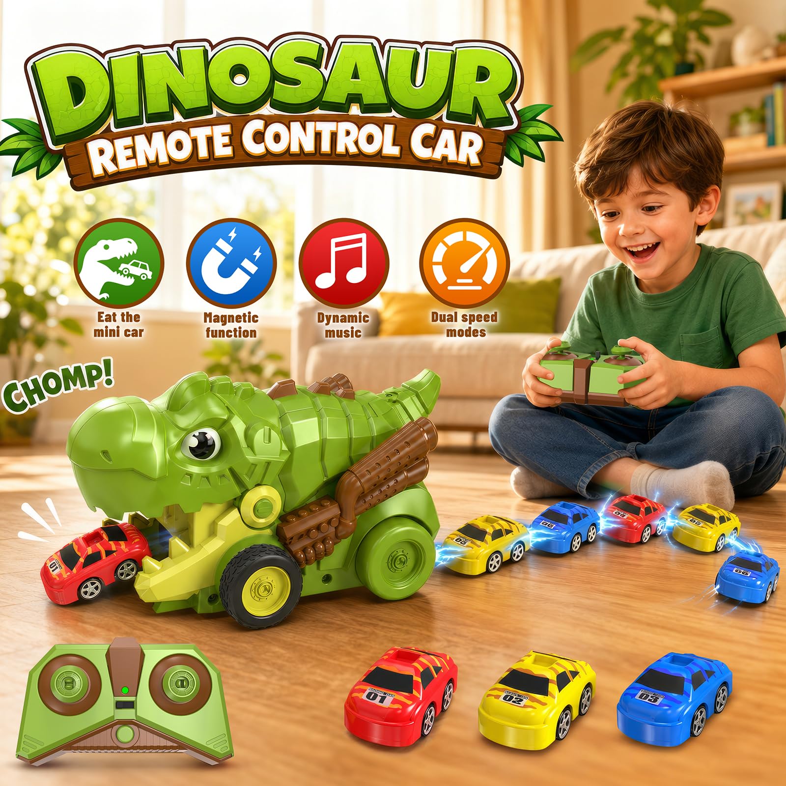 Motivekit RC Dinosaur Truck for Kids Ages 3+, Remote Control Car Carrier with 12 Magnetic Mini Cars, 2.4 GHz RC Toy Car with Music, Indoor Dinosaur