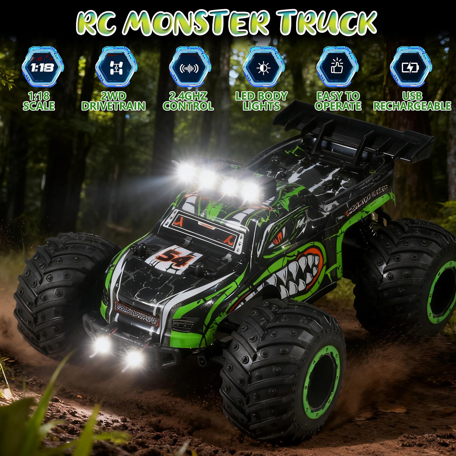 Ufilni Remote Control Monster Truck for Kids: Off-Road RC Car with Headlights & Body Lights, 1:18, 20 km/h, 2WD, 2.4 GHz, All-Terrain, Rechargeable