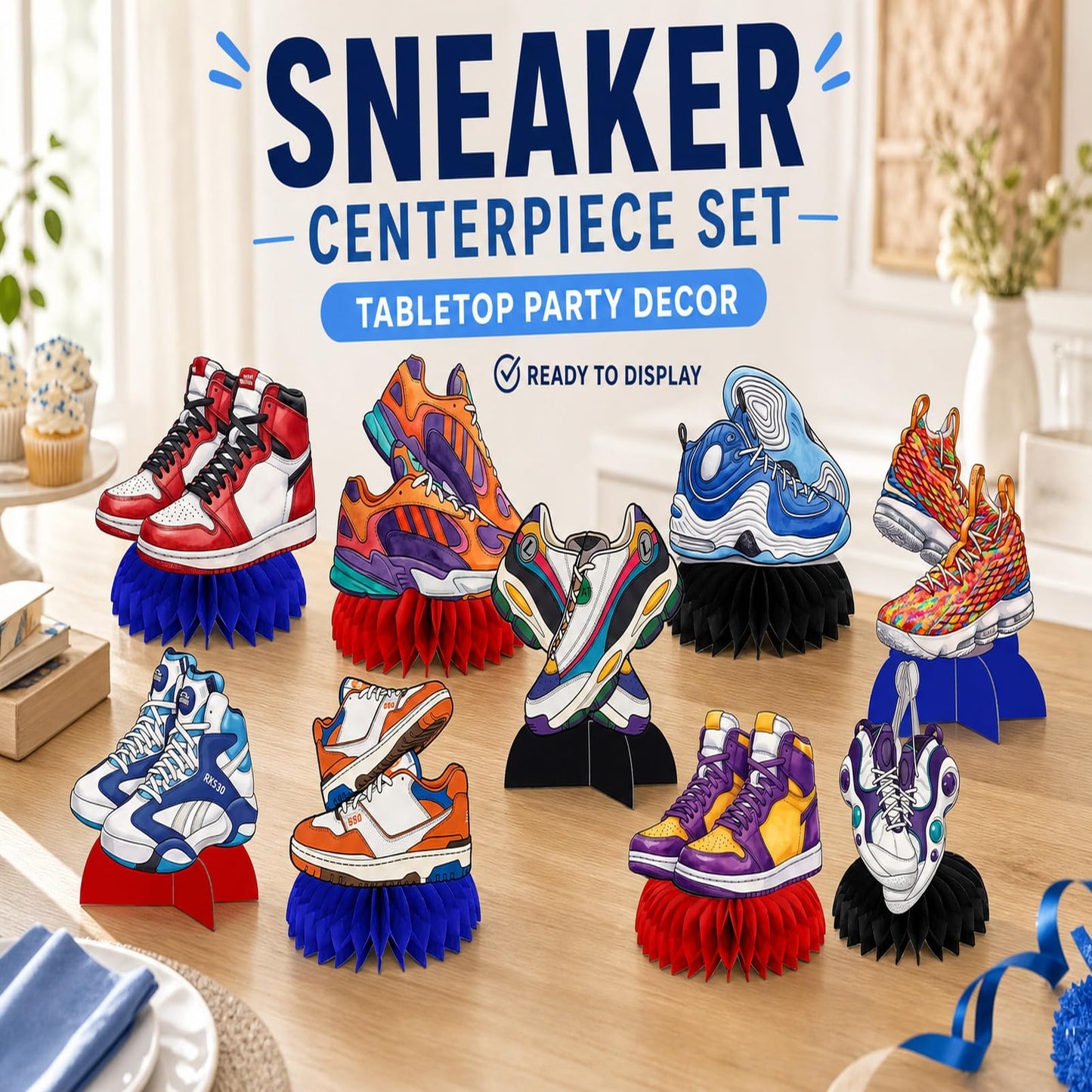 9Pcs Sneaker Honeycomb Centerpieces for Table, Sneaker Party Decorations, Sport Shoes Themed Party Favors for Baby Shower Supplies and Birthday