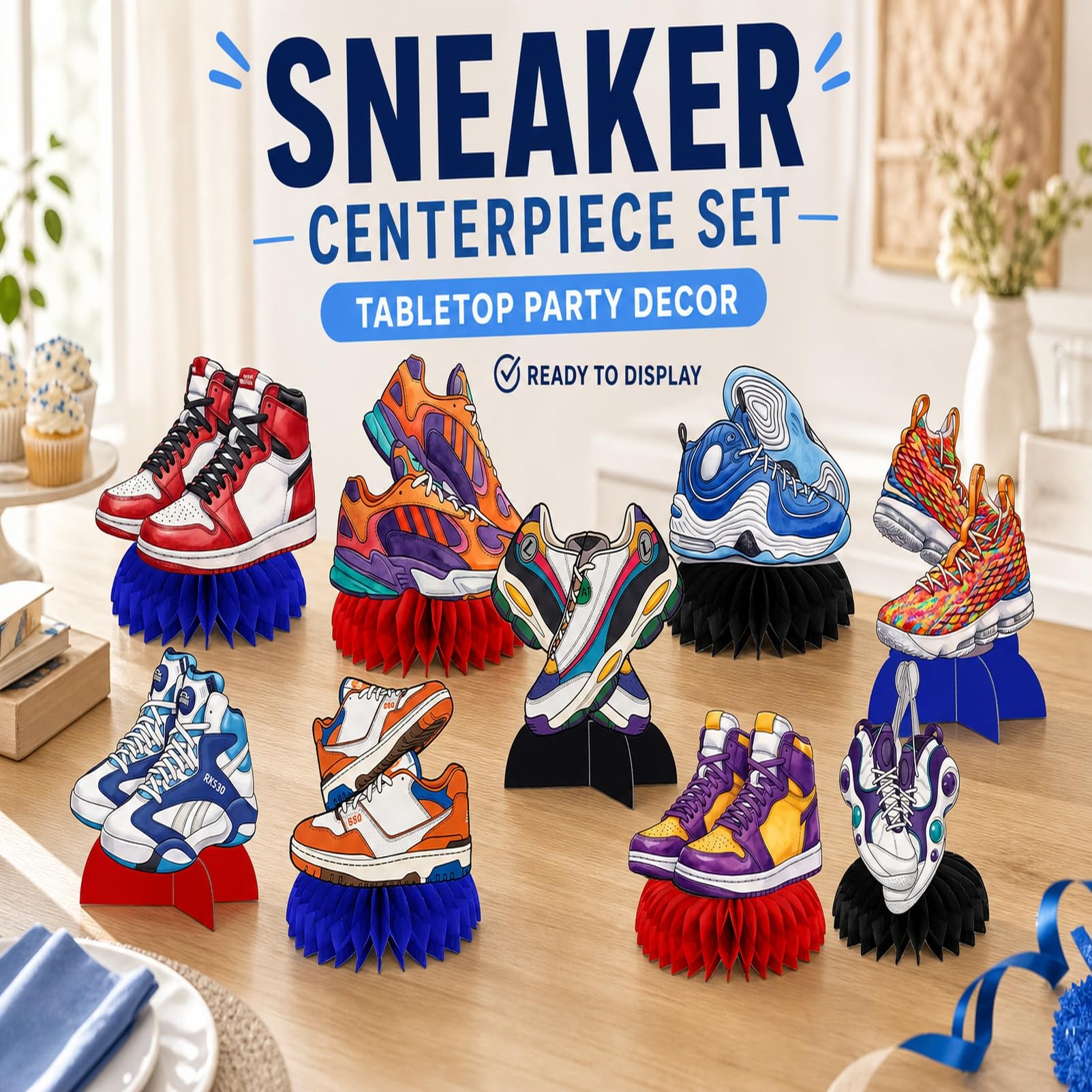 9Pcs Sneaker Honeycomb Centerpieces for Table, Sneaker Party Decorations, Sport Shoes Themed Party Favors for Baby Shower Supplies and Birthday