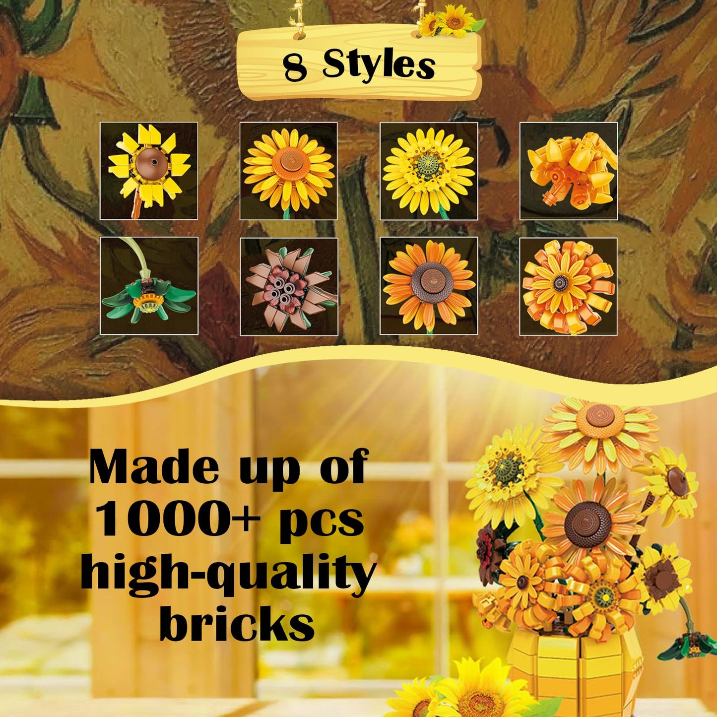 PLAYBRIX Sunflower Building Set Flowers with Vase for Adult, Compatible with Lego Flowers, 1009pcs Art Bonsai Botanical Collection for Home/Office