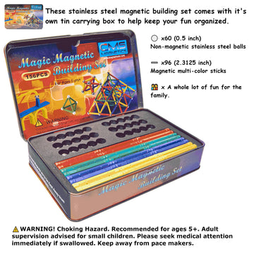 CMS MAGNETICS - (156-Piece Multi-Color Magnet Building Toy Tin Box Case Construction Sticks Set STEM Educational Learning Activity for Brain