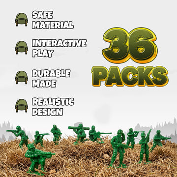 KiddieLoot Green Army Men Toy Soldiers (36 Pack) - Classic Military Action Figures for Kids - Plastic Army Toys Set for Battle Play, Party Favors