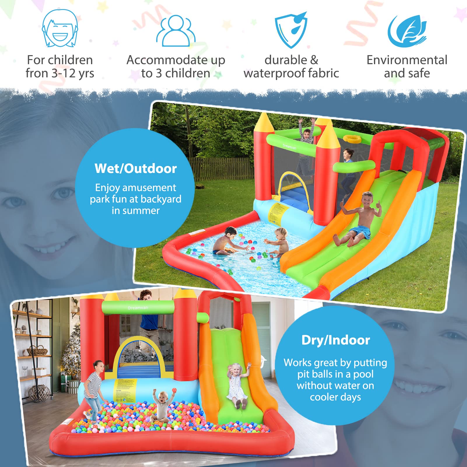 HYPOAI Bounce House,Inflatable Bounce Castle with Blower for Kids 3-12,Outdoor/Indoor Bouncy House Water Park for Backyard with Splash Slide,Climbing