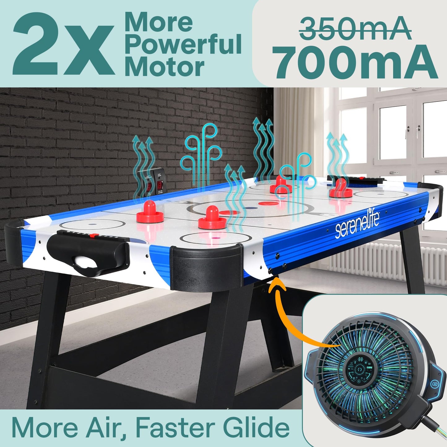 SereneLife 58in Powered Air Hockey Table Upgraded 700mA 12v 2X Powerful Motor, 4 Player 4 Pucks 2 Pushers, Full-Size Arcade Style, Inline Power Switch